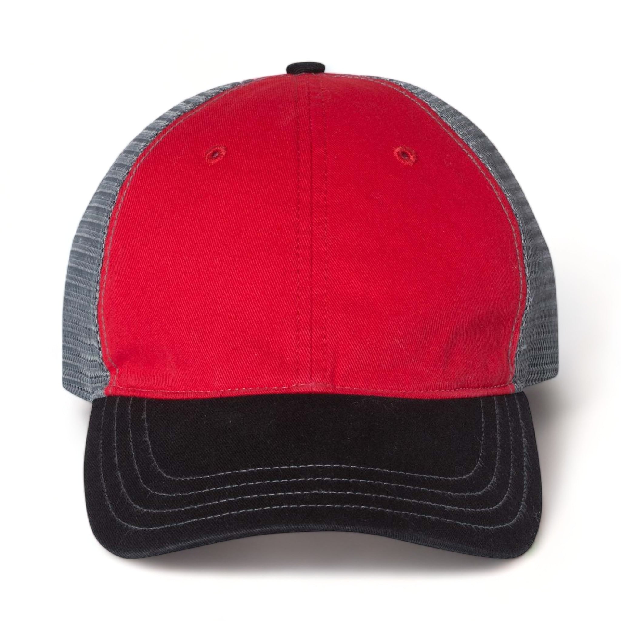 Front view of Richardson 111 custom hat in red, charcoal and black