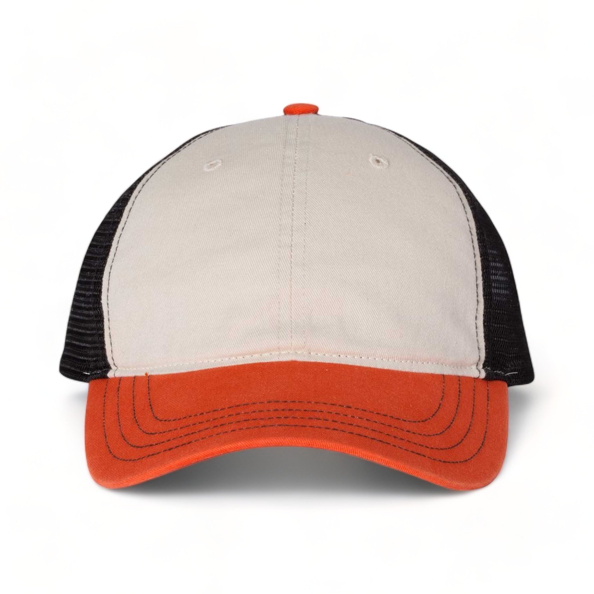 Front view of Richardson 111 custom hat in stone, black and orange
