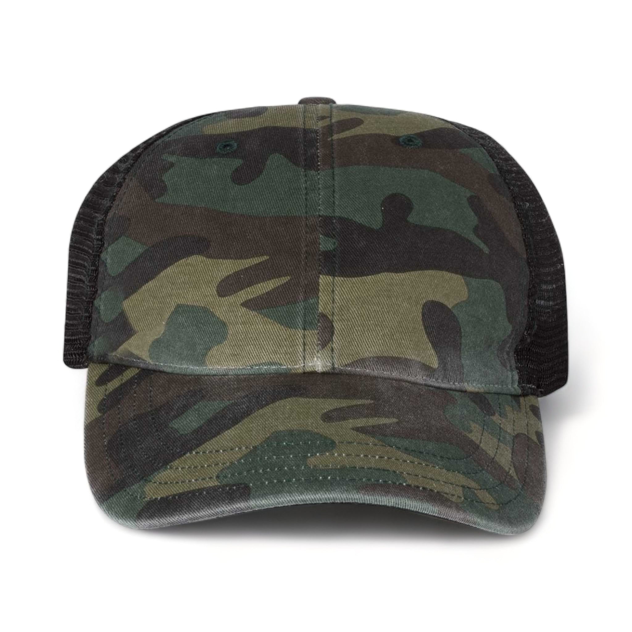 Front view of Richardson 111P custom hat in army camo and black