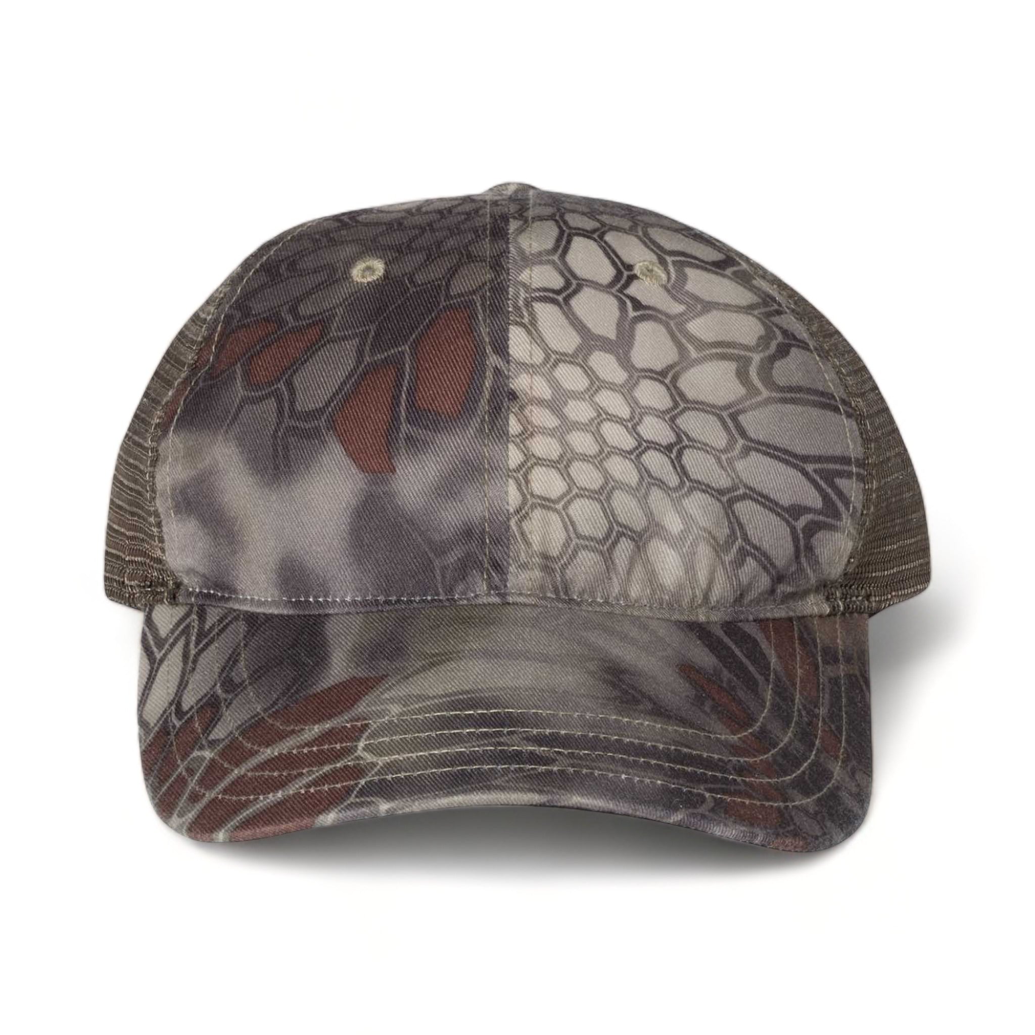 Front view of Richardson 111P custom hat in kryptek highlander and brown