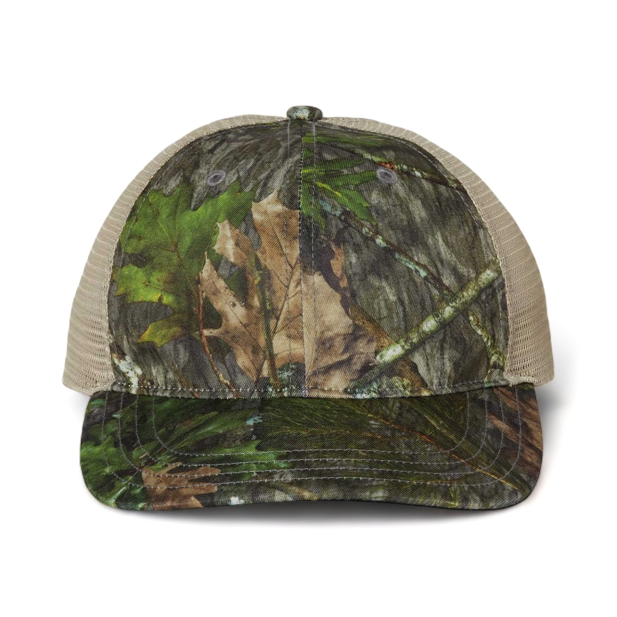 Front view of Richardson 111P custom hat in mossy oak obsession and khaki