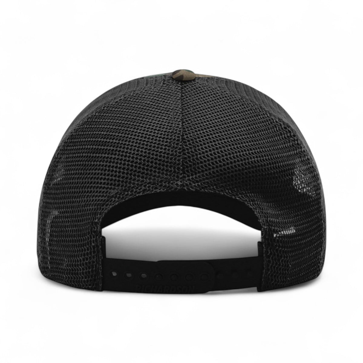 Back view of Richardson 111P custom hat in green camo and black