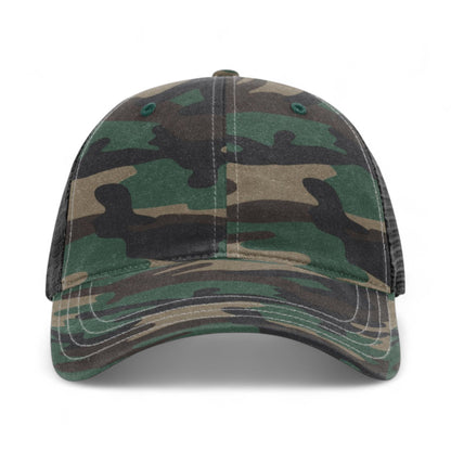 Front view of Richardson 111P custom hat in green camo and black