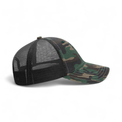 Right side view of Richardson 111P custom hat in green camo and black