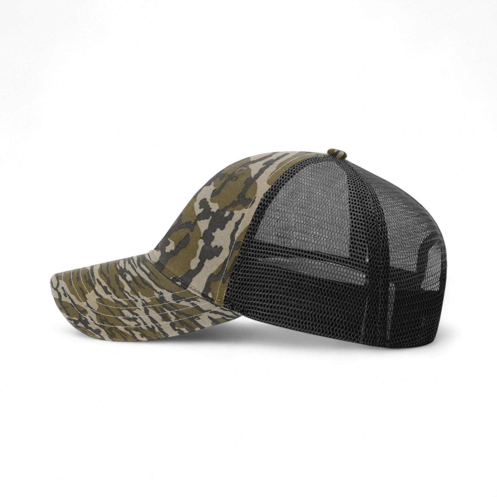 Left side view of Richardson 111P custom hat in mossy oak bottomland and black