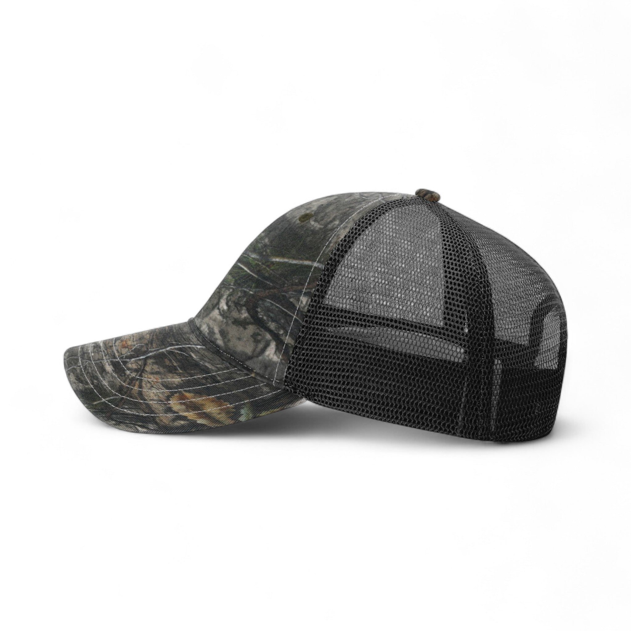 Left side view of Richardson 111P custom hat in mossy oak country dna and black