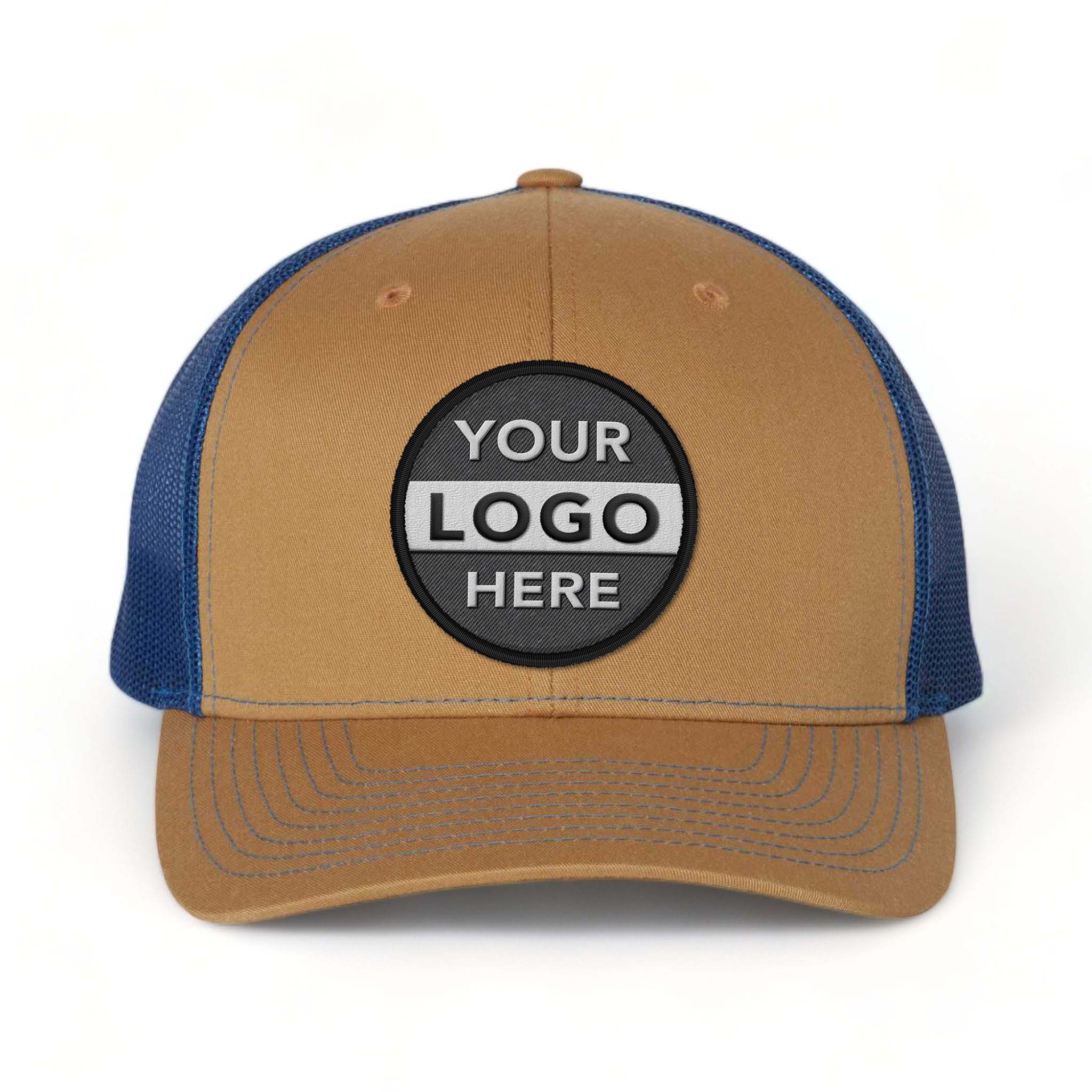 Richardson 112 custom embroidered patch hat in biscuit and true blue