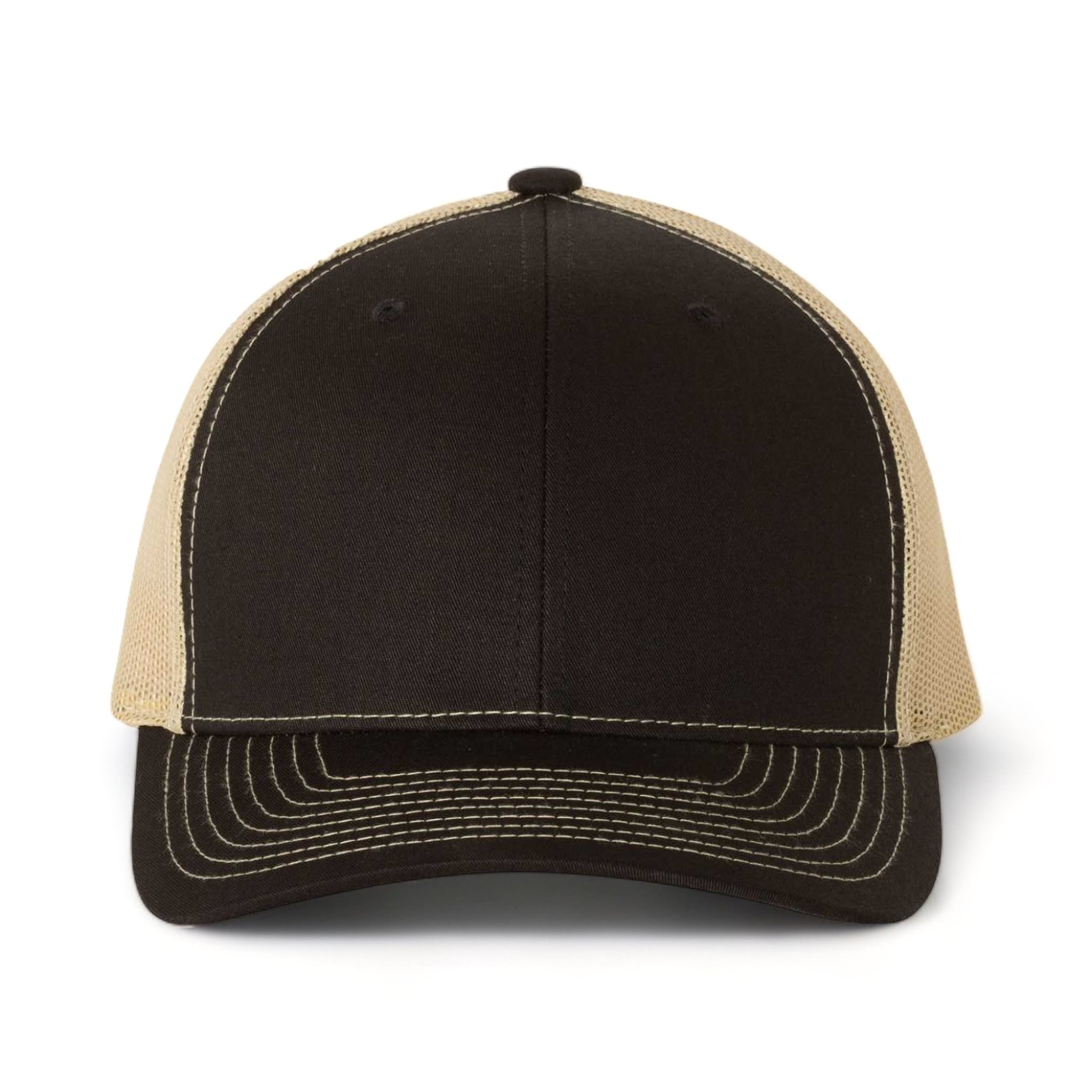 Front view of Richardson 112 custom hat in black and vegas gold