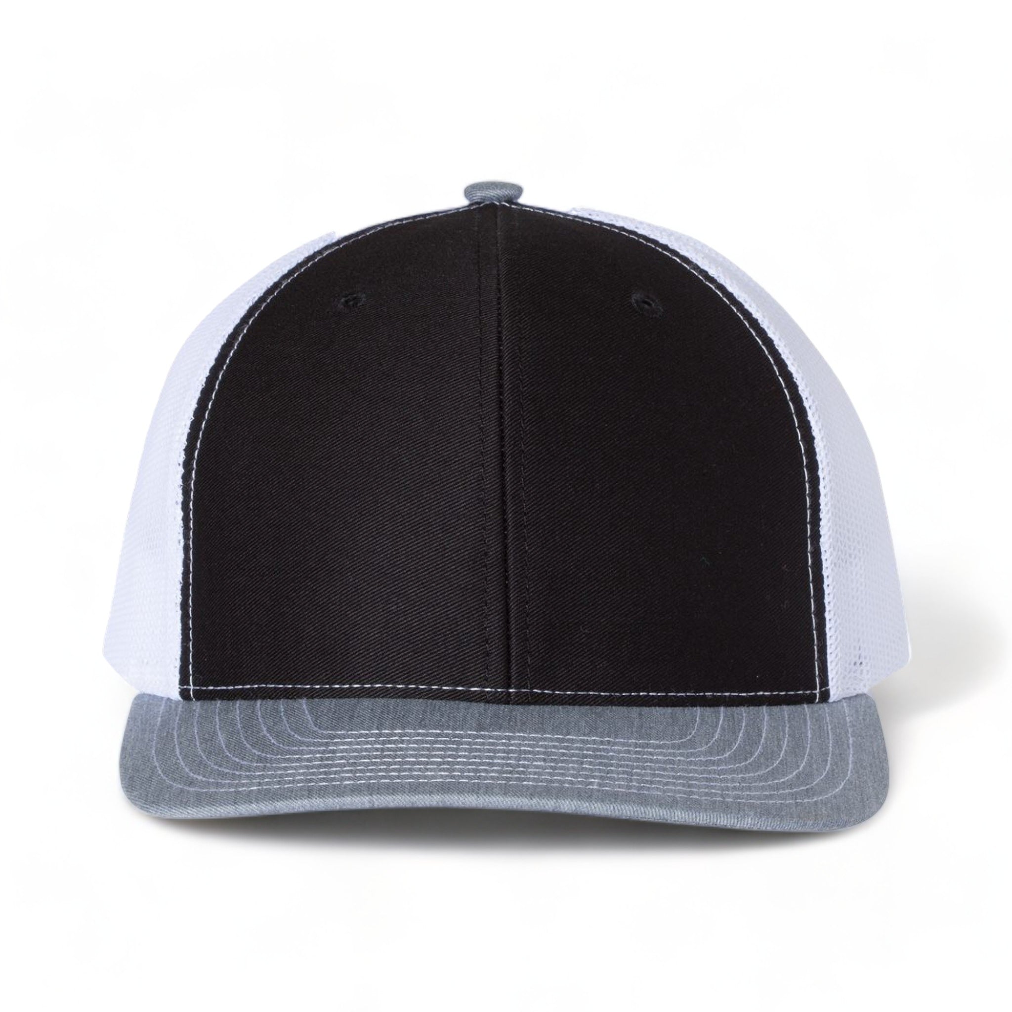 Front view of Richardson 112 custom hat in black, white and heather grey