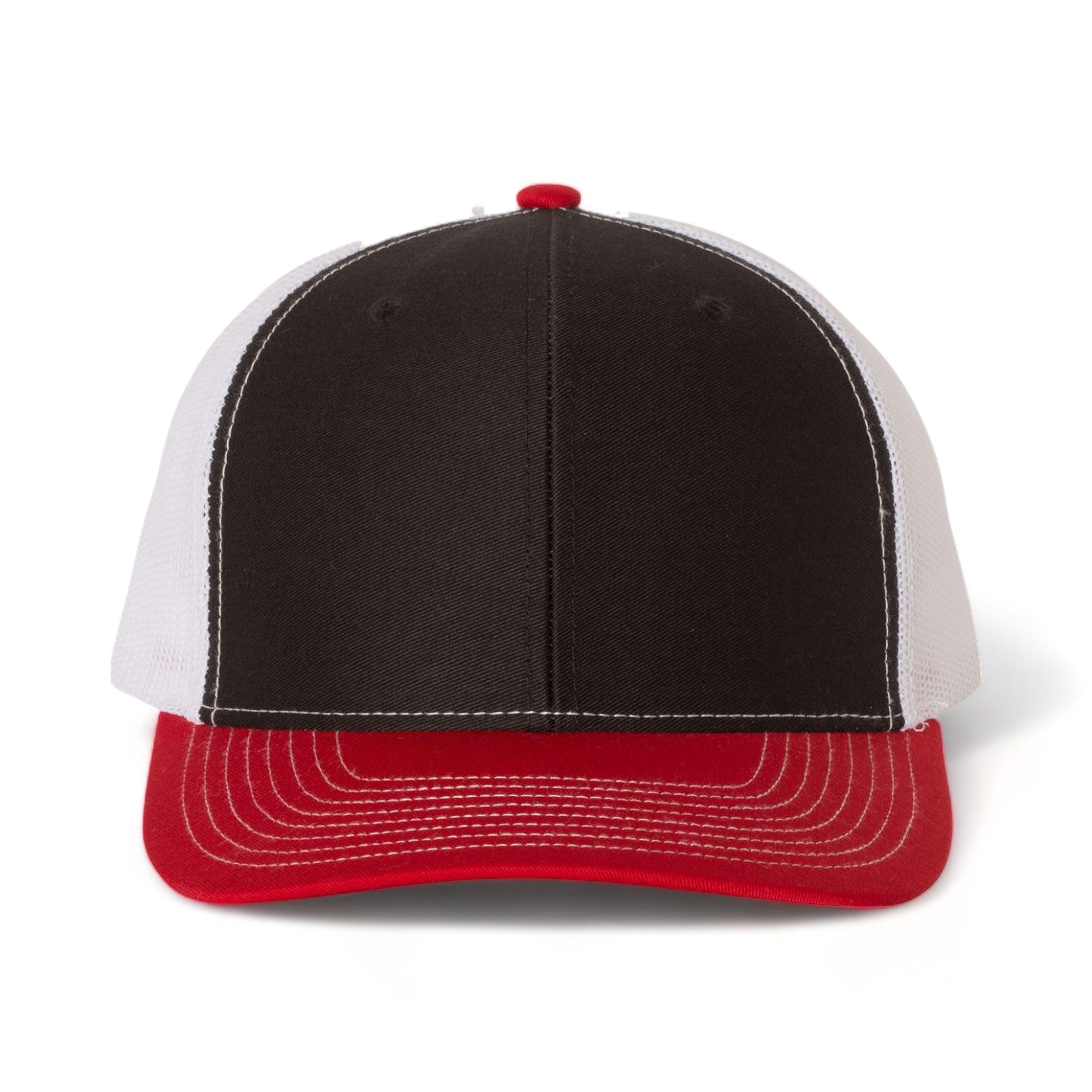 Front view of Richardson 112 custom hat in black, white and red