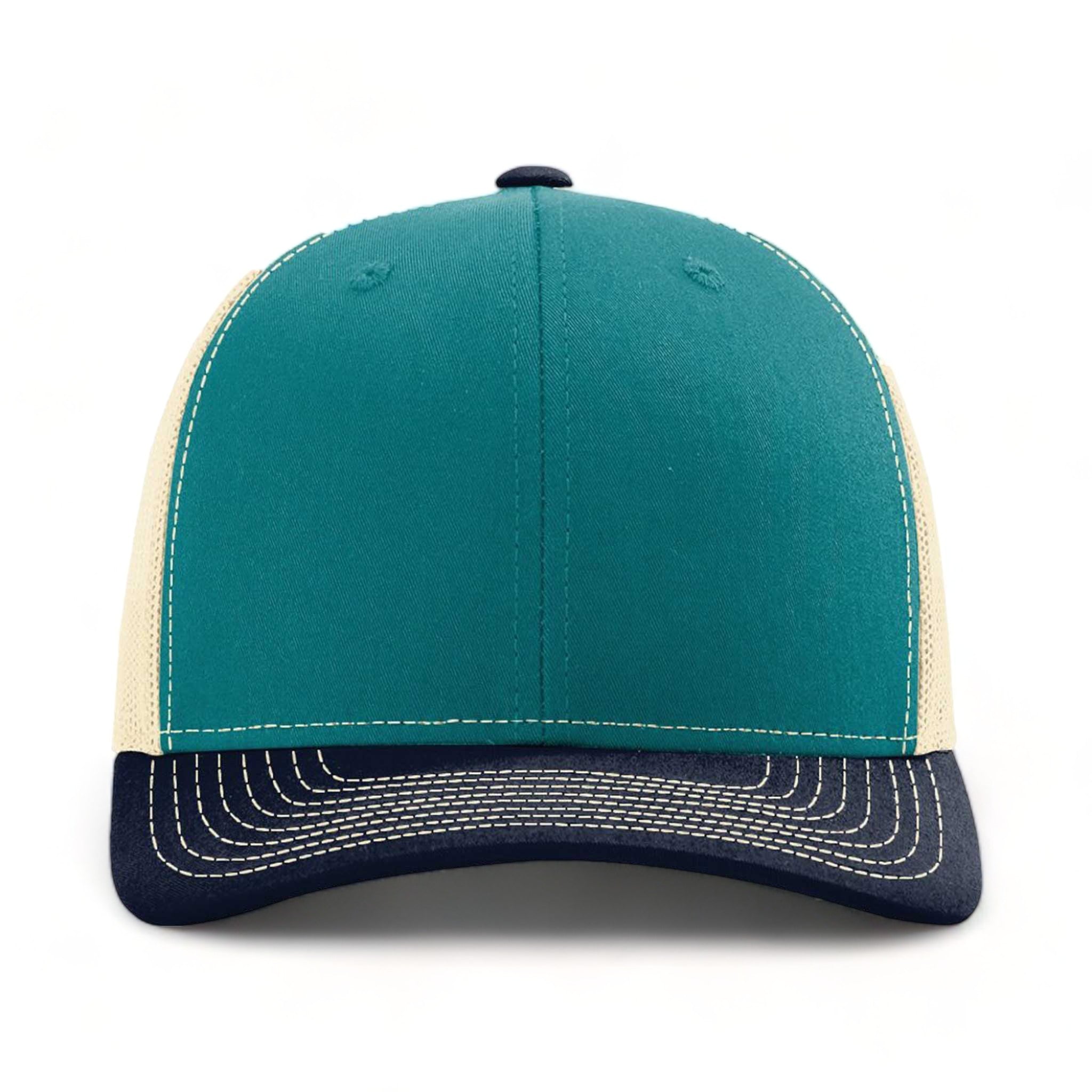 Front view of Richardson 112 custom hat in blue teal, birch and navy
