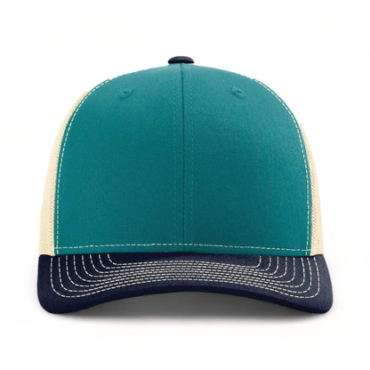 Front view of Richardson 112 custom hat in blue teal, birch and navy