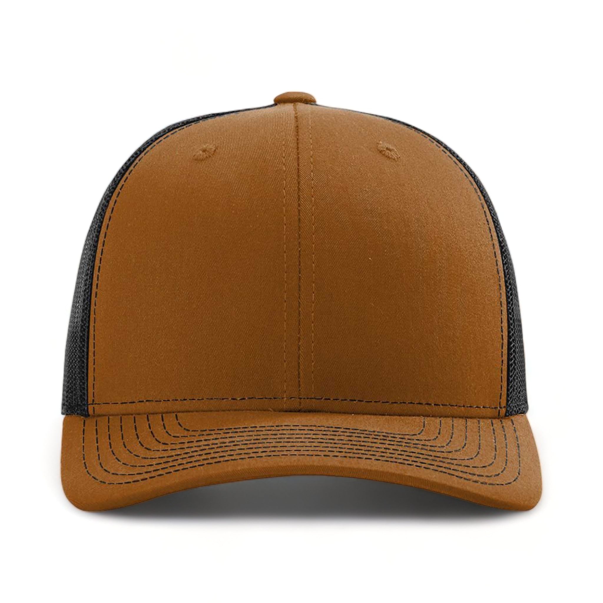 Front view of Richardson 112 custom hat in carmel and black