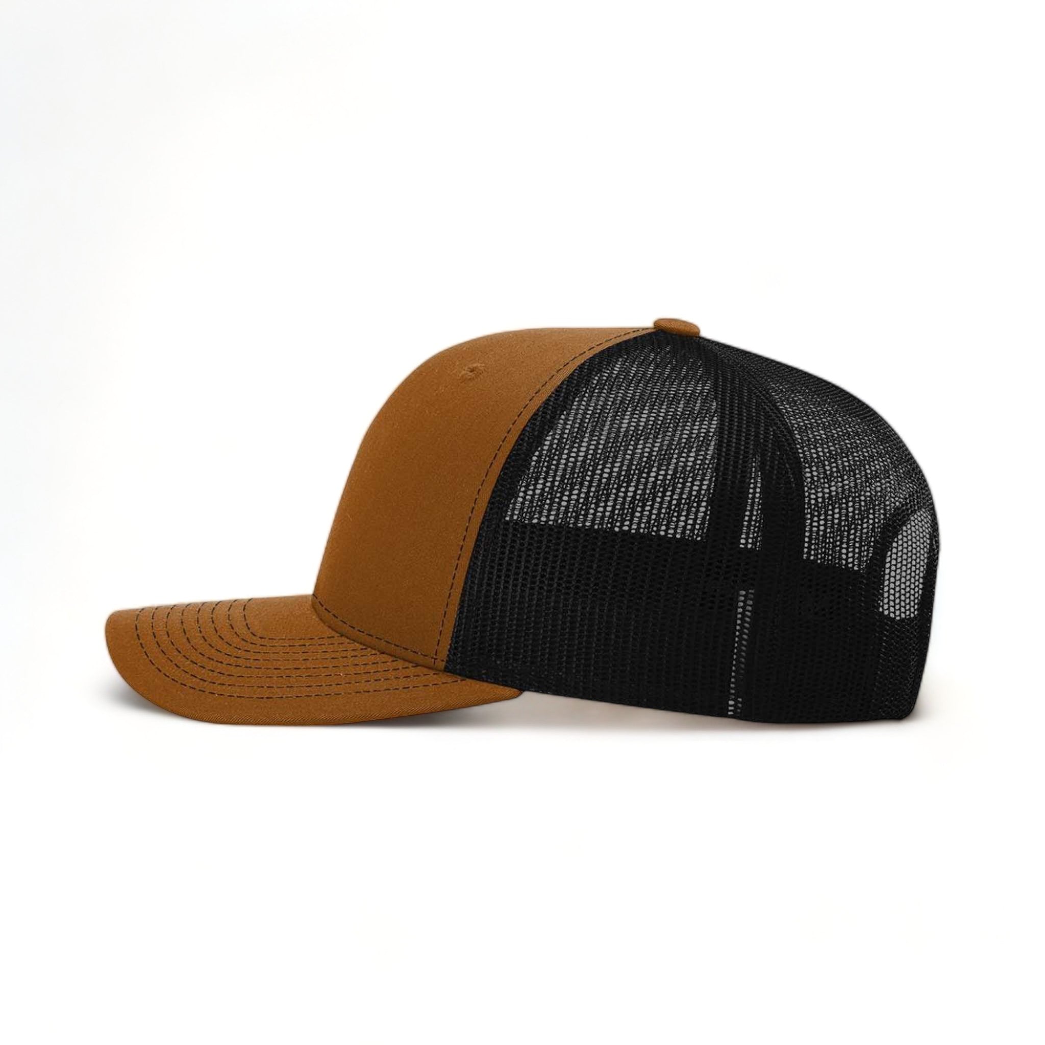 Side view of Richardson 112 custom hat in carmel and black