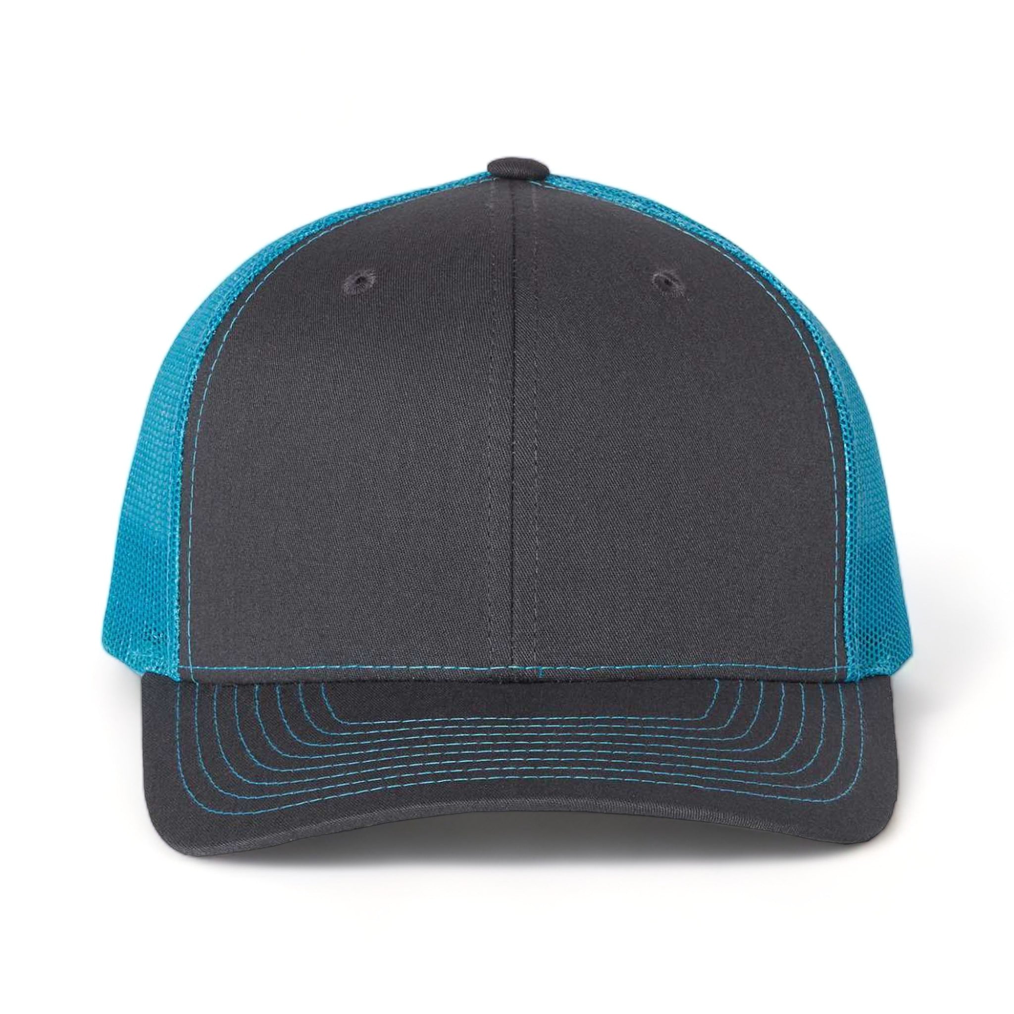 Front view of Richardson 112 custom hat in charcoal and neon blue