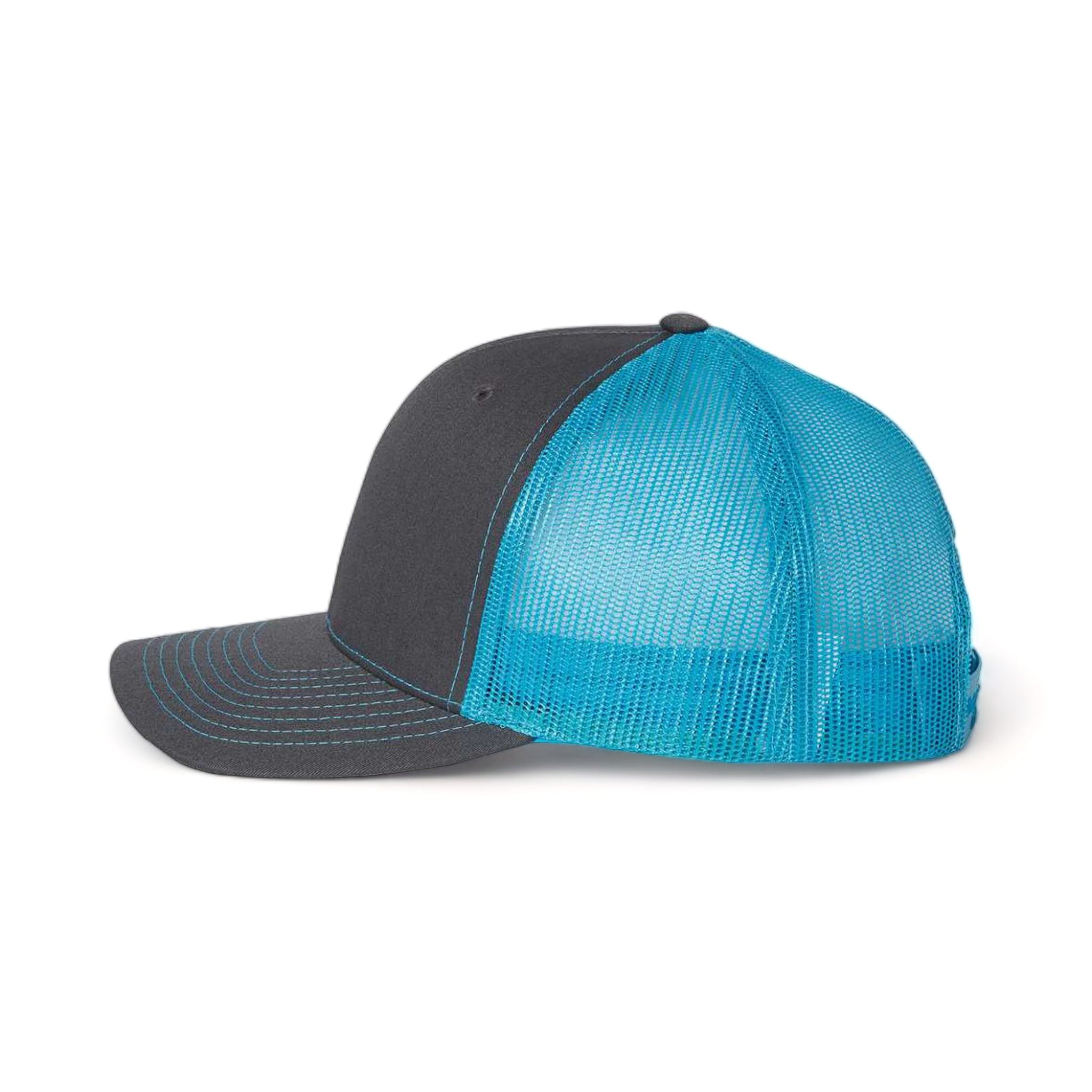 Side view of Richardson 112 custom hat in charcoal and neon blue