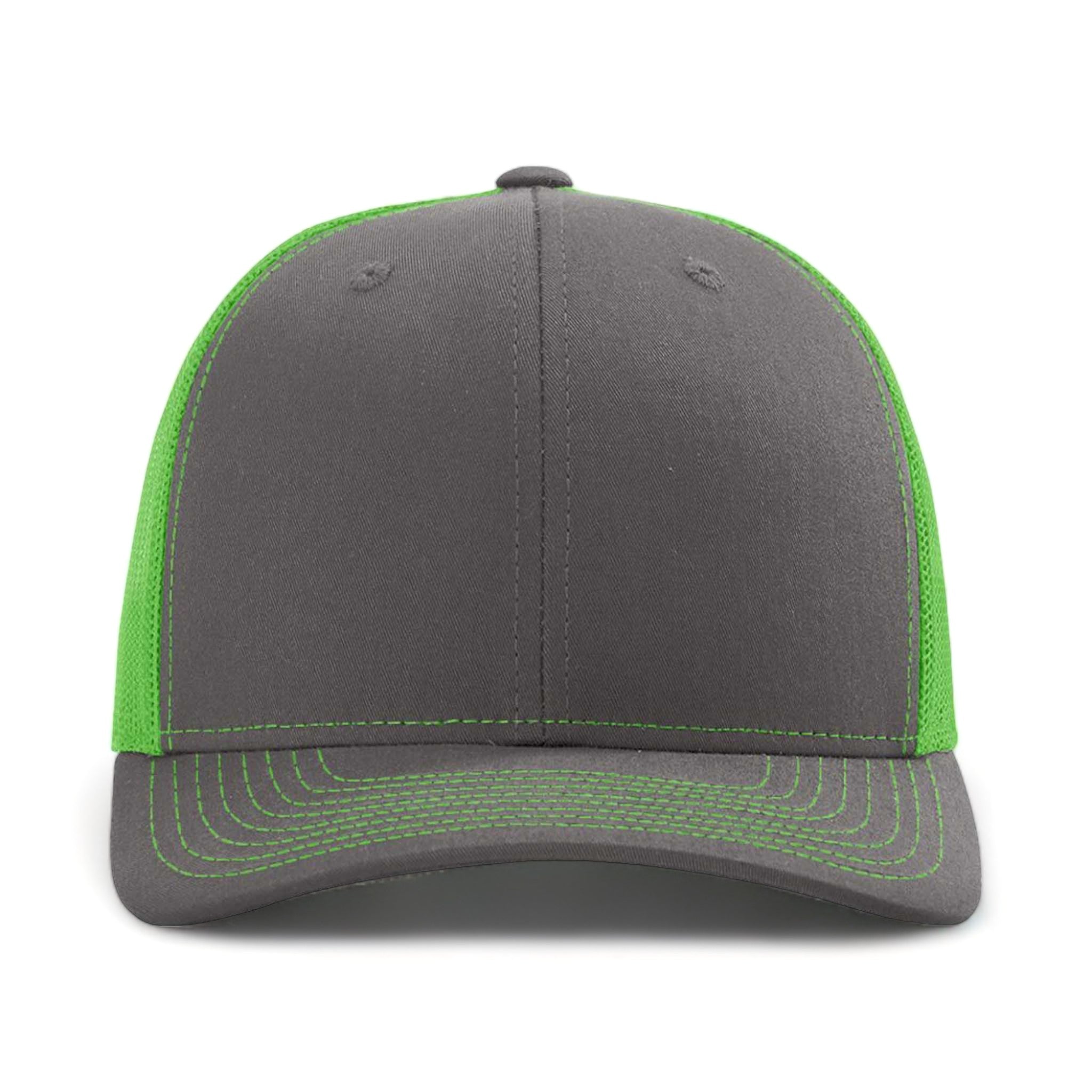 Front view of Richardson 112 custom hat in charcoal and neon green