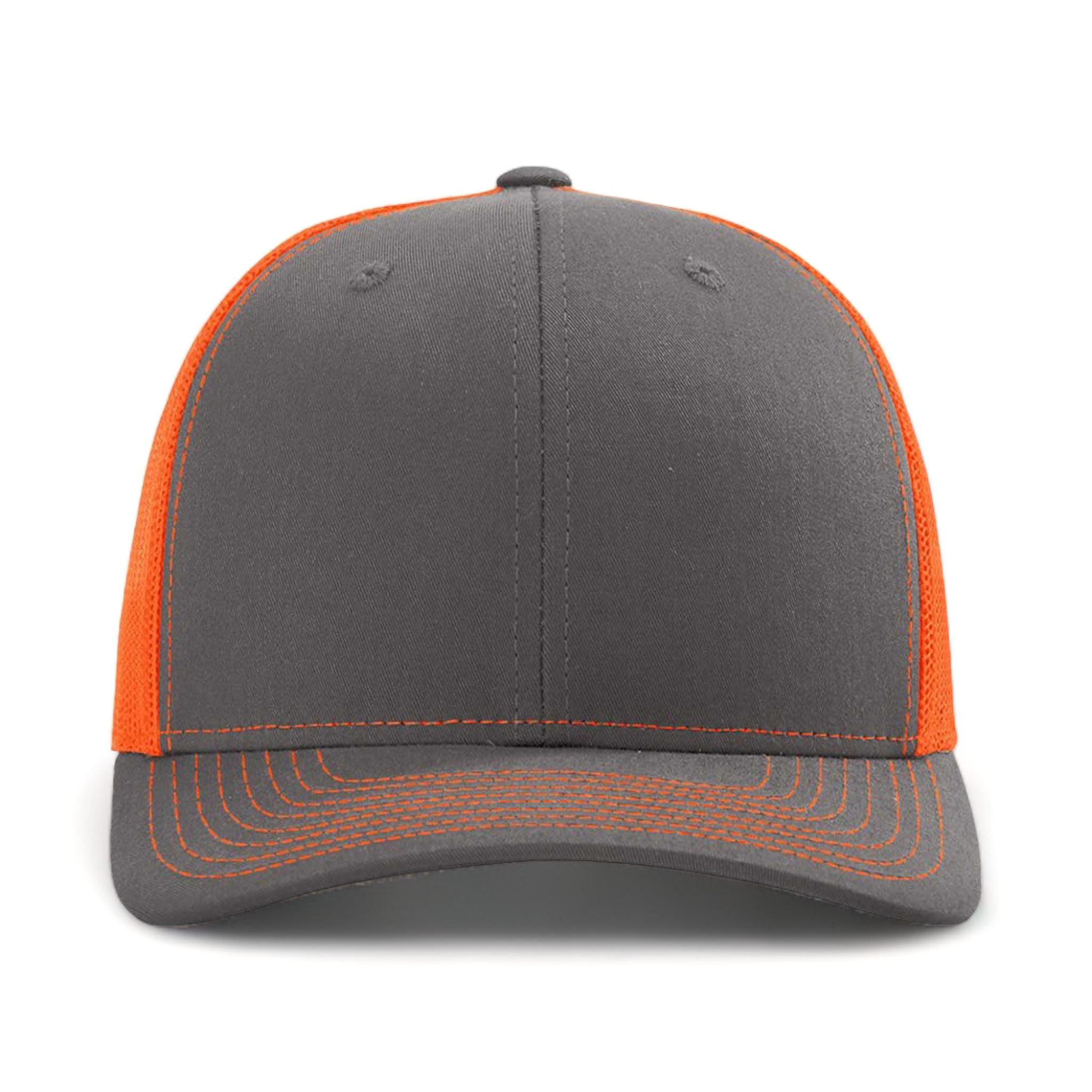 Front view of Richardson 112 custom hat in charcoal and neon orange