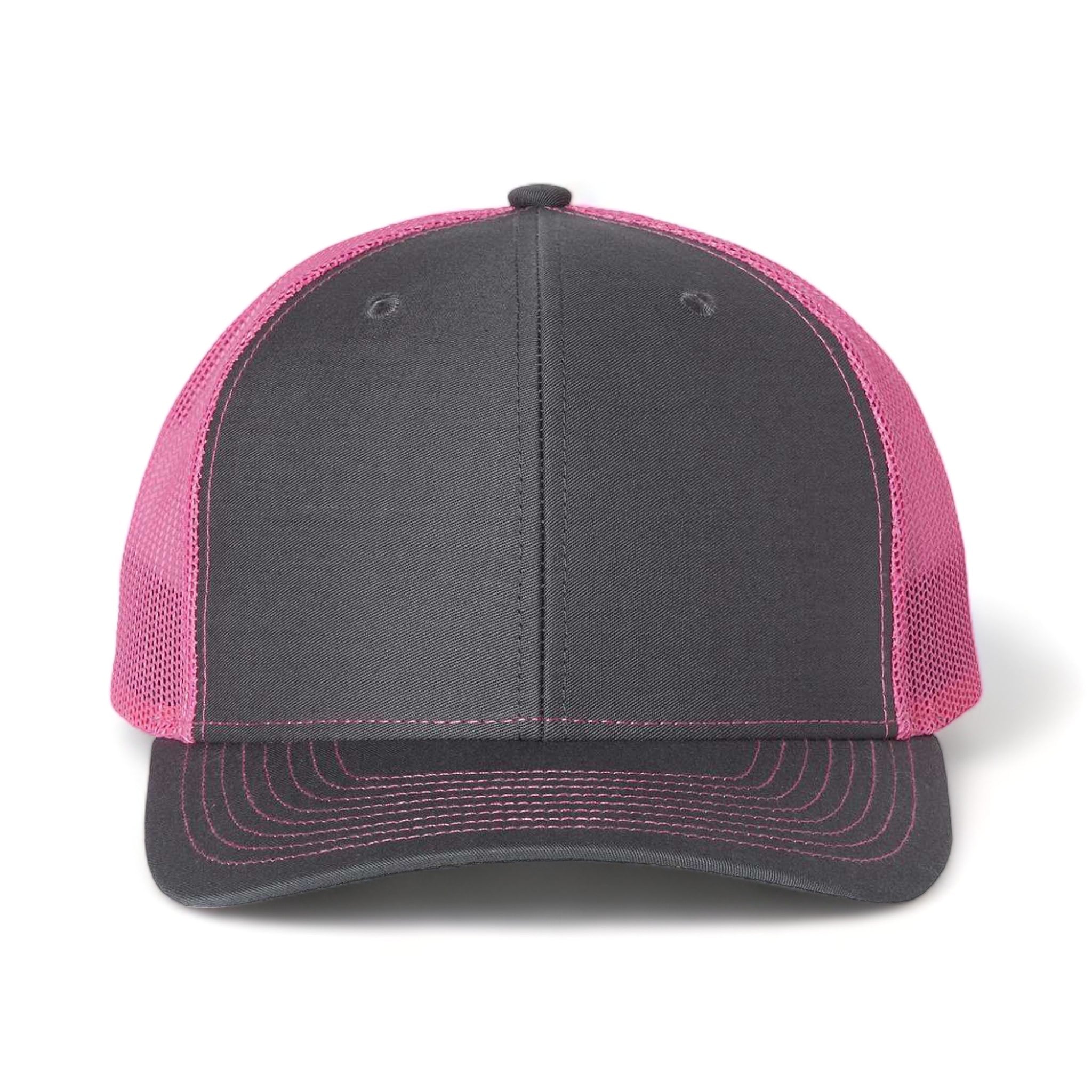 Front view of Richardson 112 custom hat in charcoal and neon pink