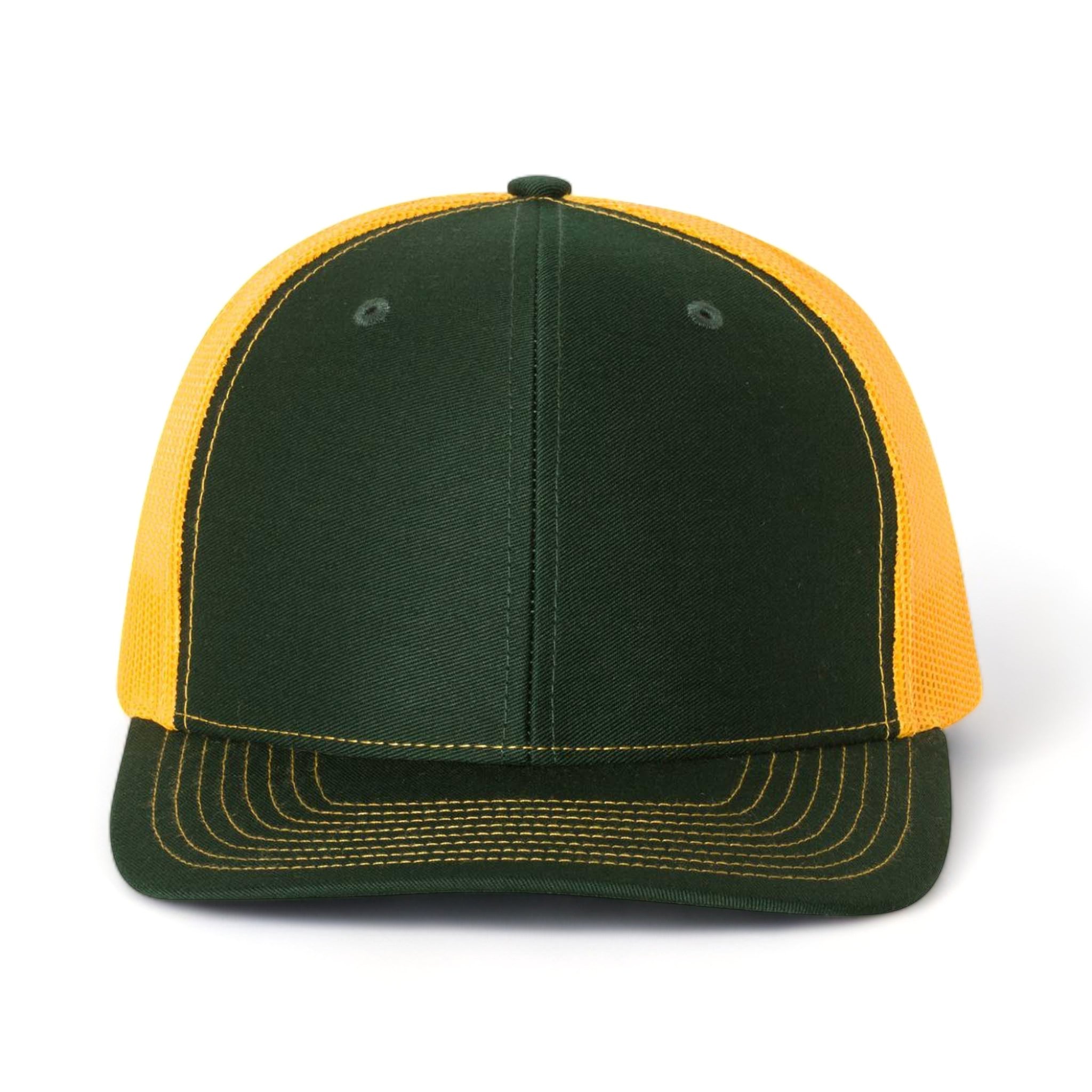 Front view of Richardson 112 custom hat in dark green and gold