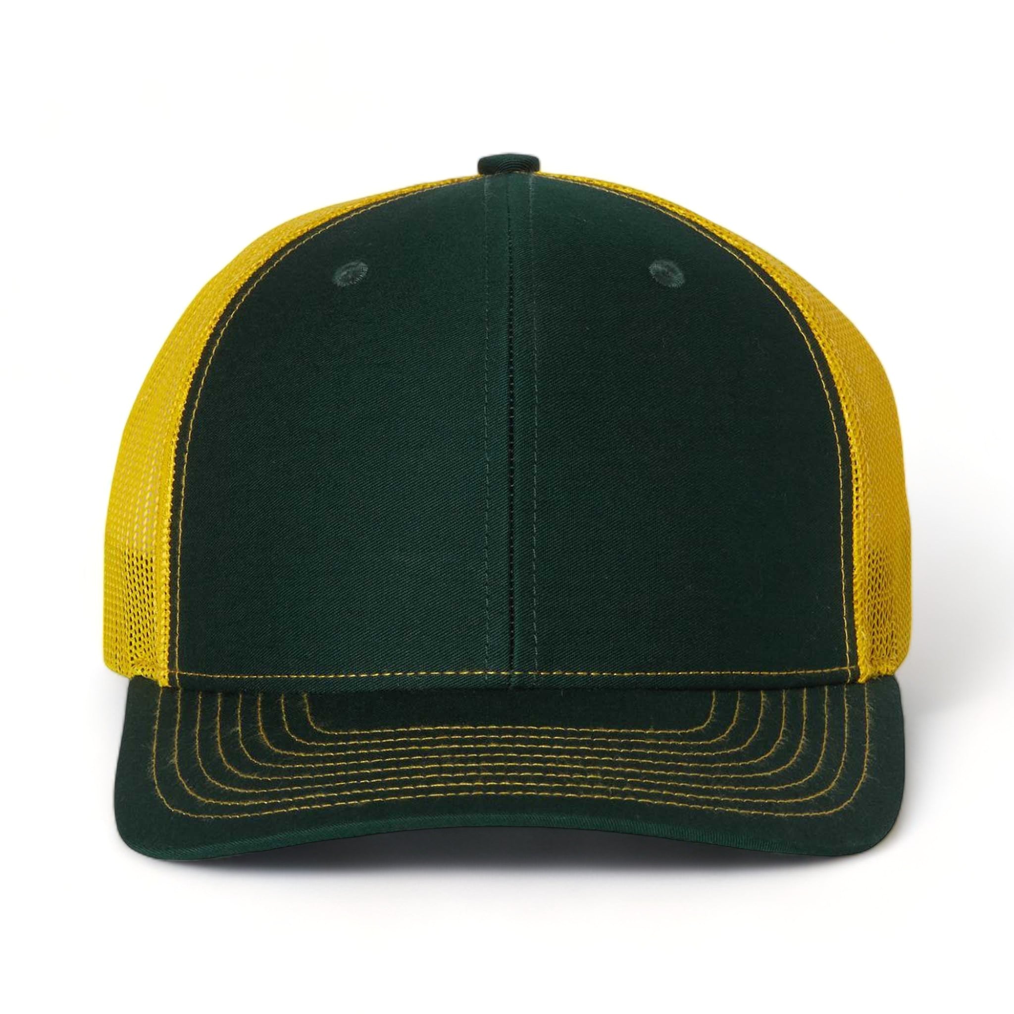 Front view of Richardson 112 custom hat in dark green and yellow