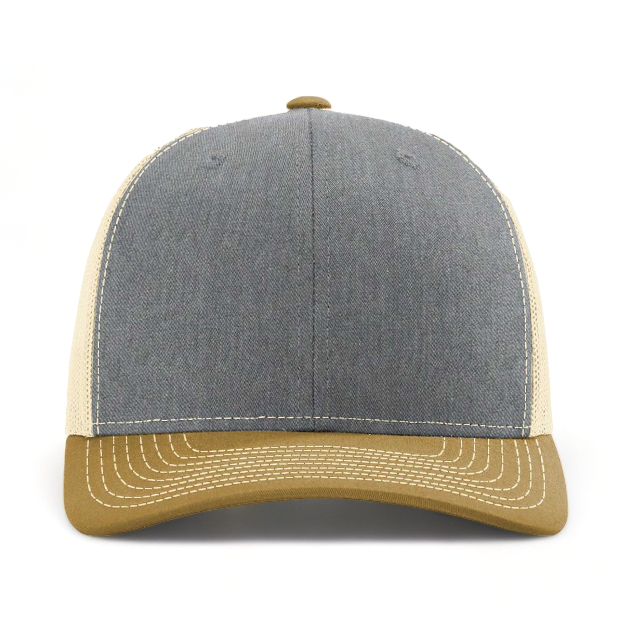Front view of Richardson 112 custom hat in heather grey, birch and amber gold