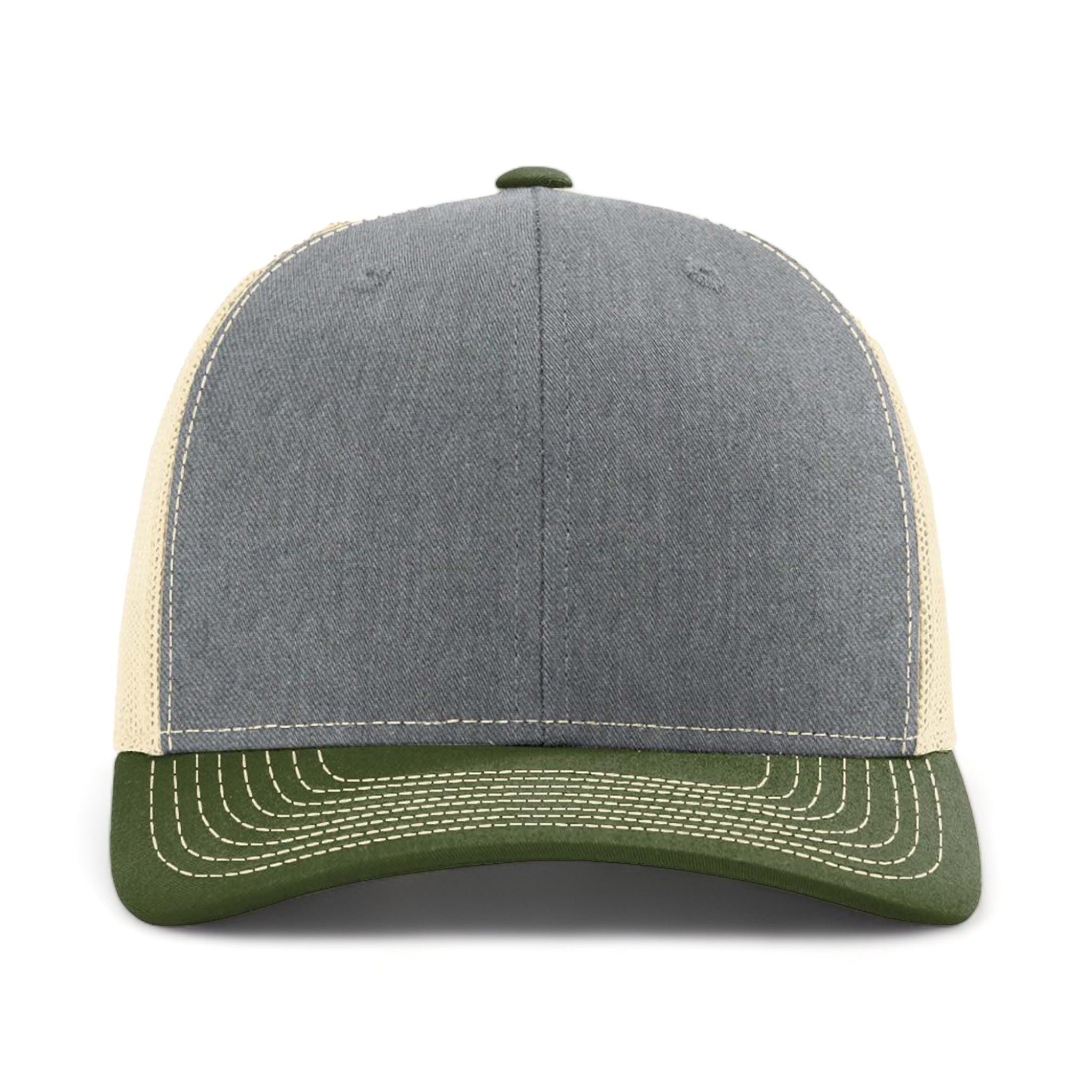 Front view of Richardson 112 custom hat in heather grey, birch and army olive