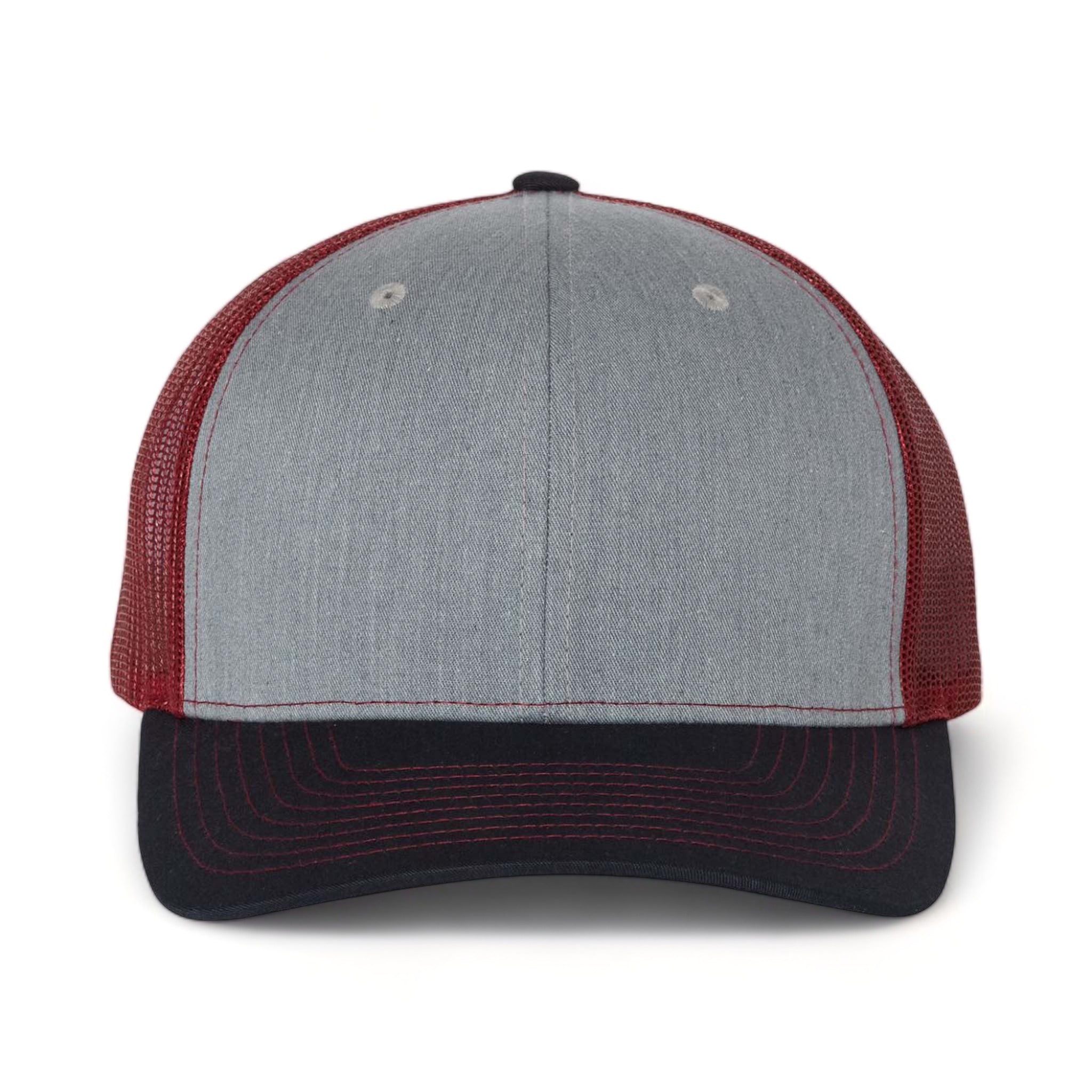 Front view of Richardson 112 custom hat in heather grey, cardinal and navy