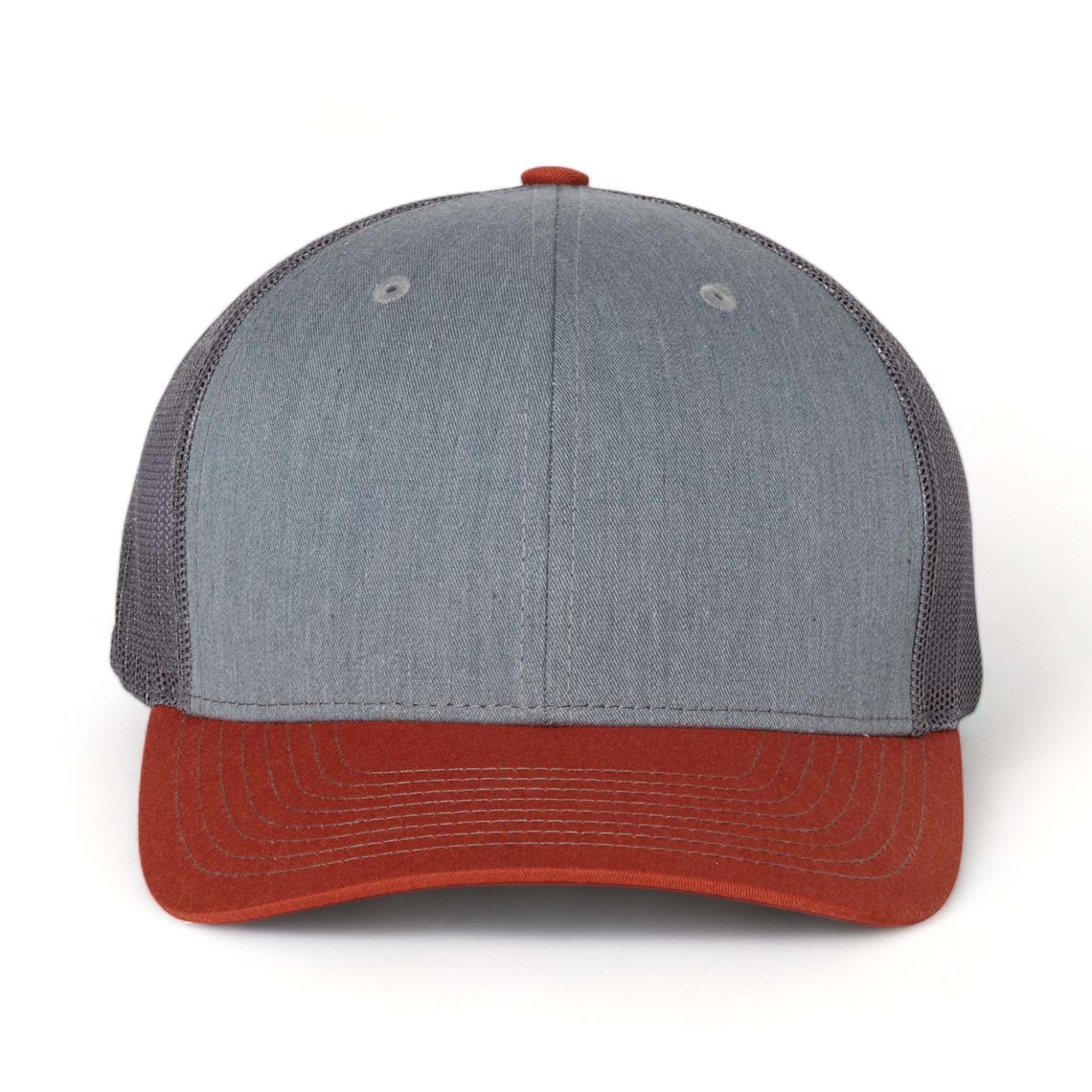 Front view of Richardson 112 custom hat in heather grey, charcoal and dark orange