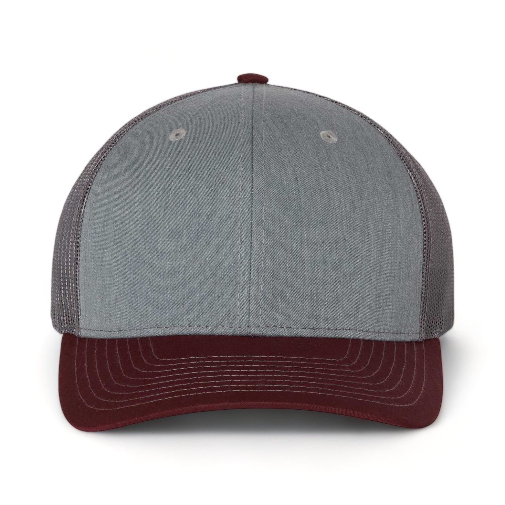Front view of Richardson 112 custom hat in heather grey, charcoal and maroon