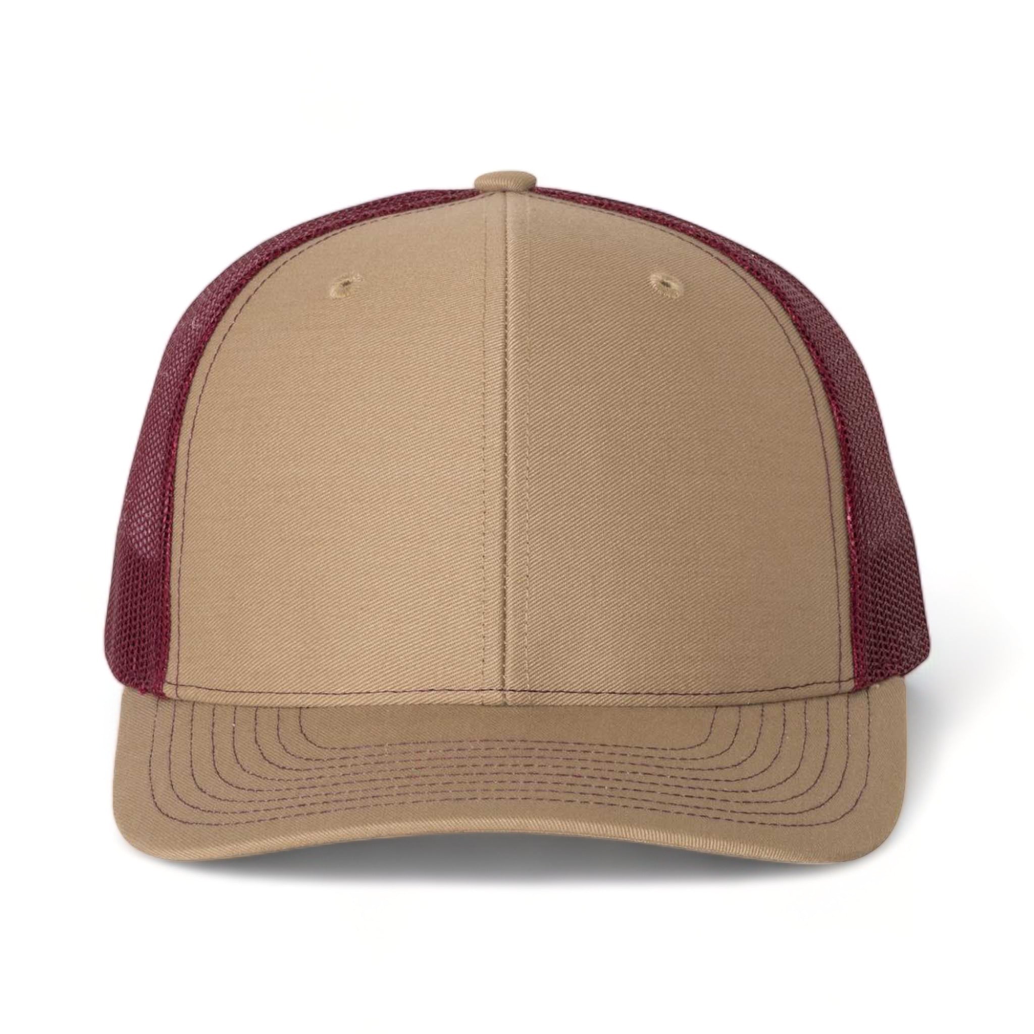 Front view of Richardson 112 custom hat in khaki and burgundy
