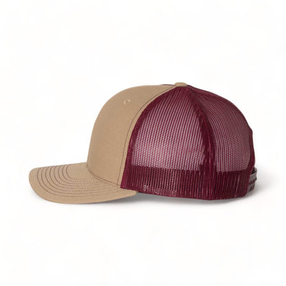 Side view of Richardson 112 custom hat in khaki and burgundy