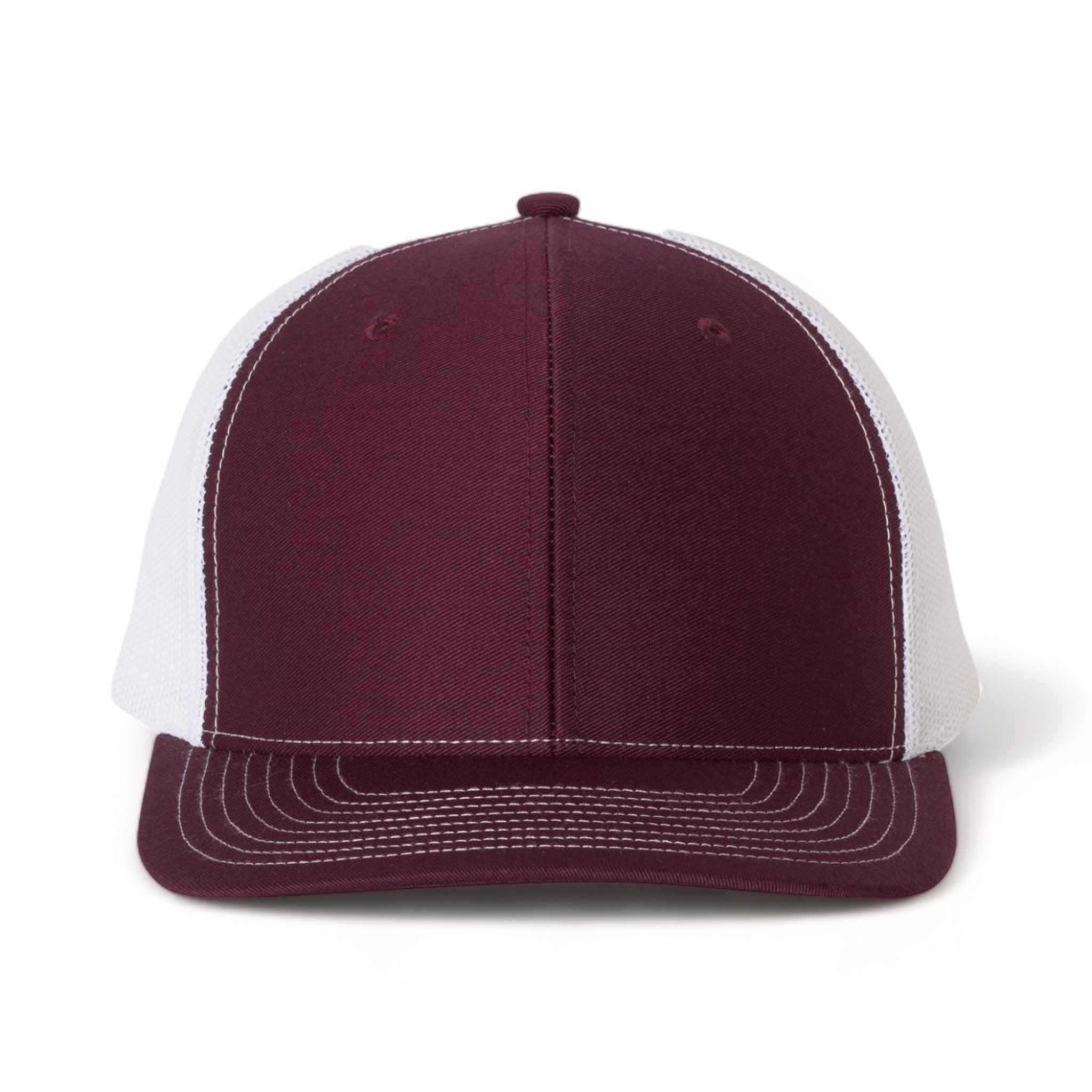 Front view of Richardson 112 custom hat in maroon and white