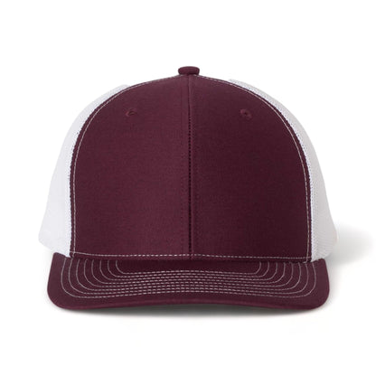 Front view of Richardson 112 custom hat in maroon and white