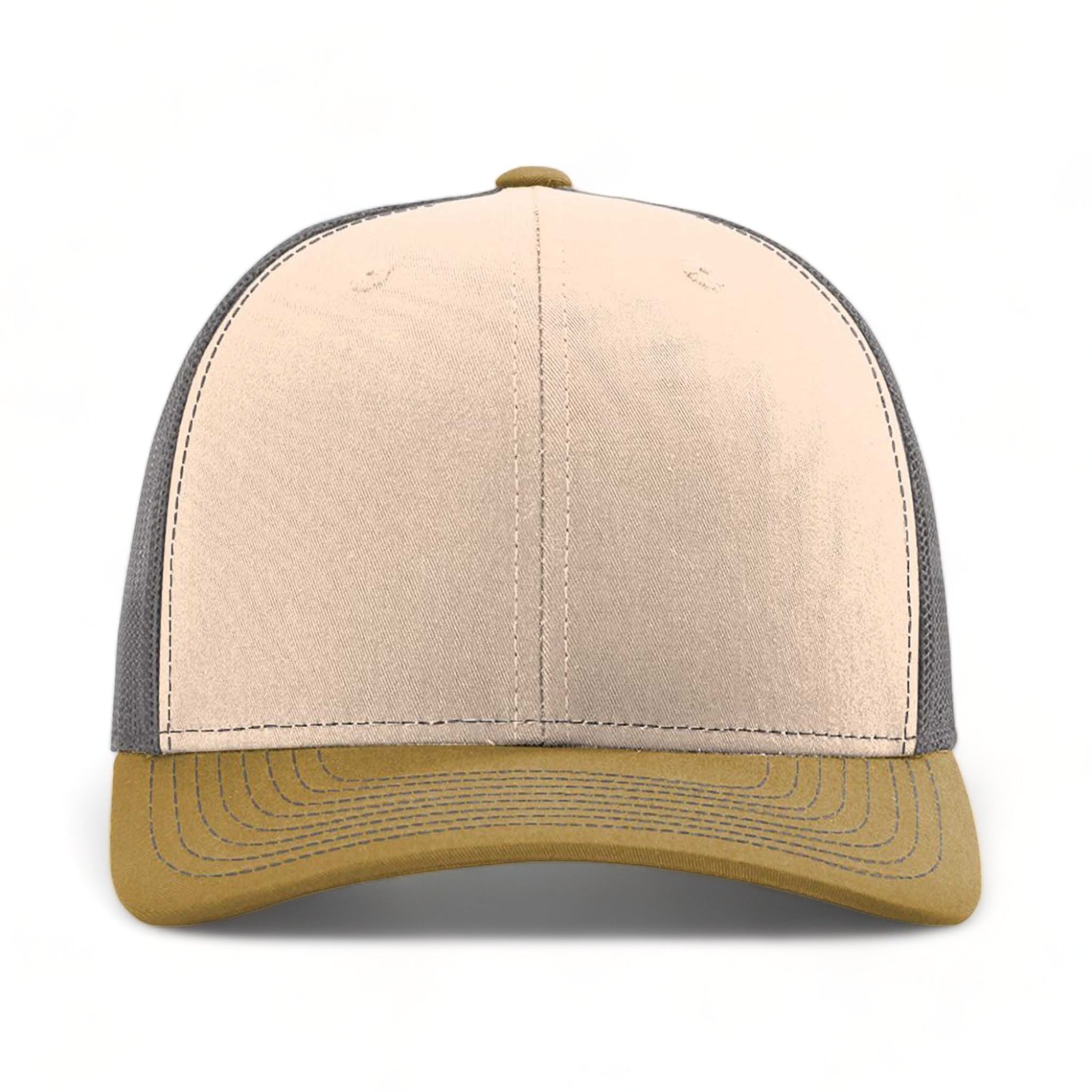Front view of Richardson 112 custom hat in mink beige, charcoal and amber gold