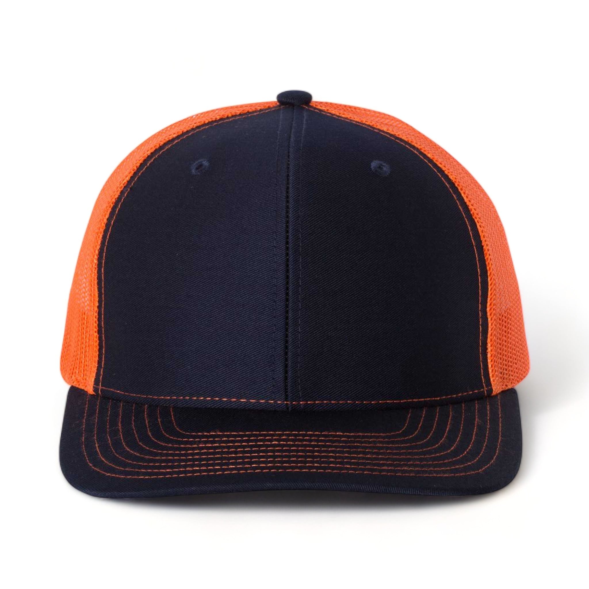 Front view of Richardson 112 custom hat in navy and orange