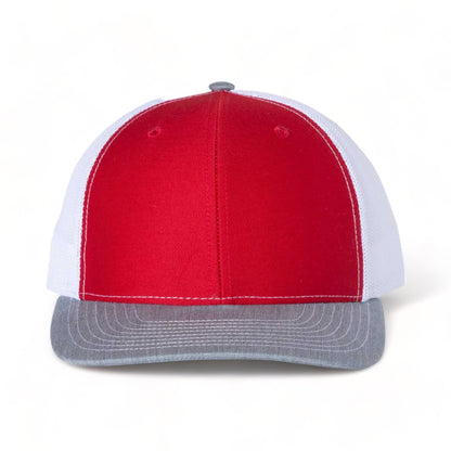 Front view of Richardson 112 custom hat in red, white and heather grey