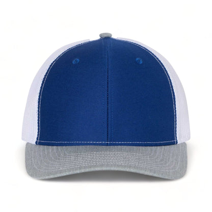 Front view of Richardson 112 custom hat in royal, white and heather grey