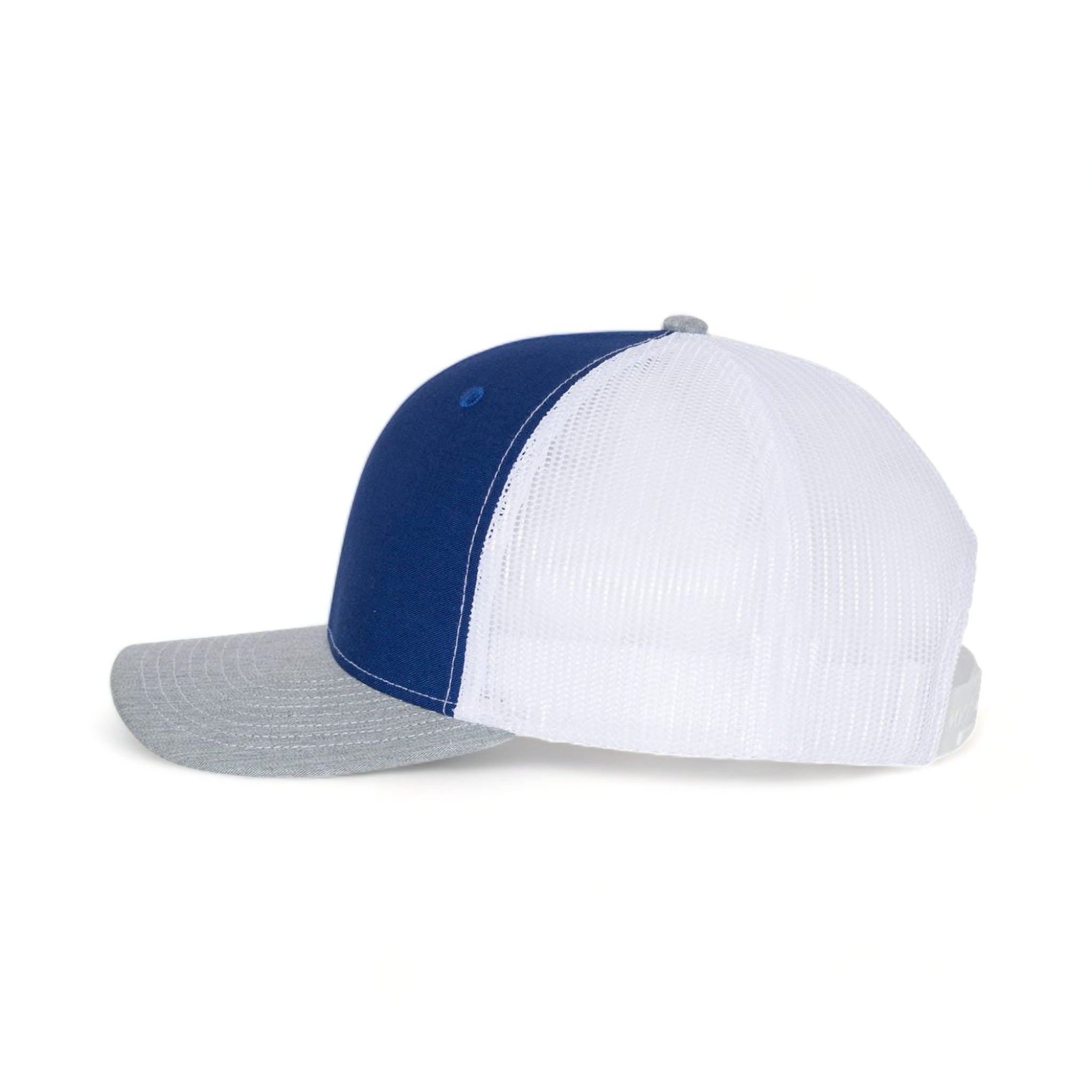 Side view of Richardson 112 custom hat in royal, white and heather grey