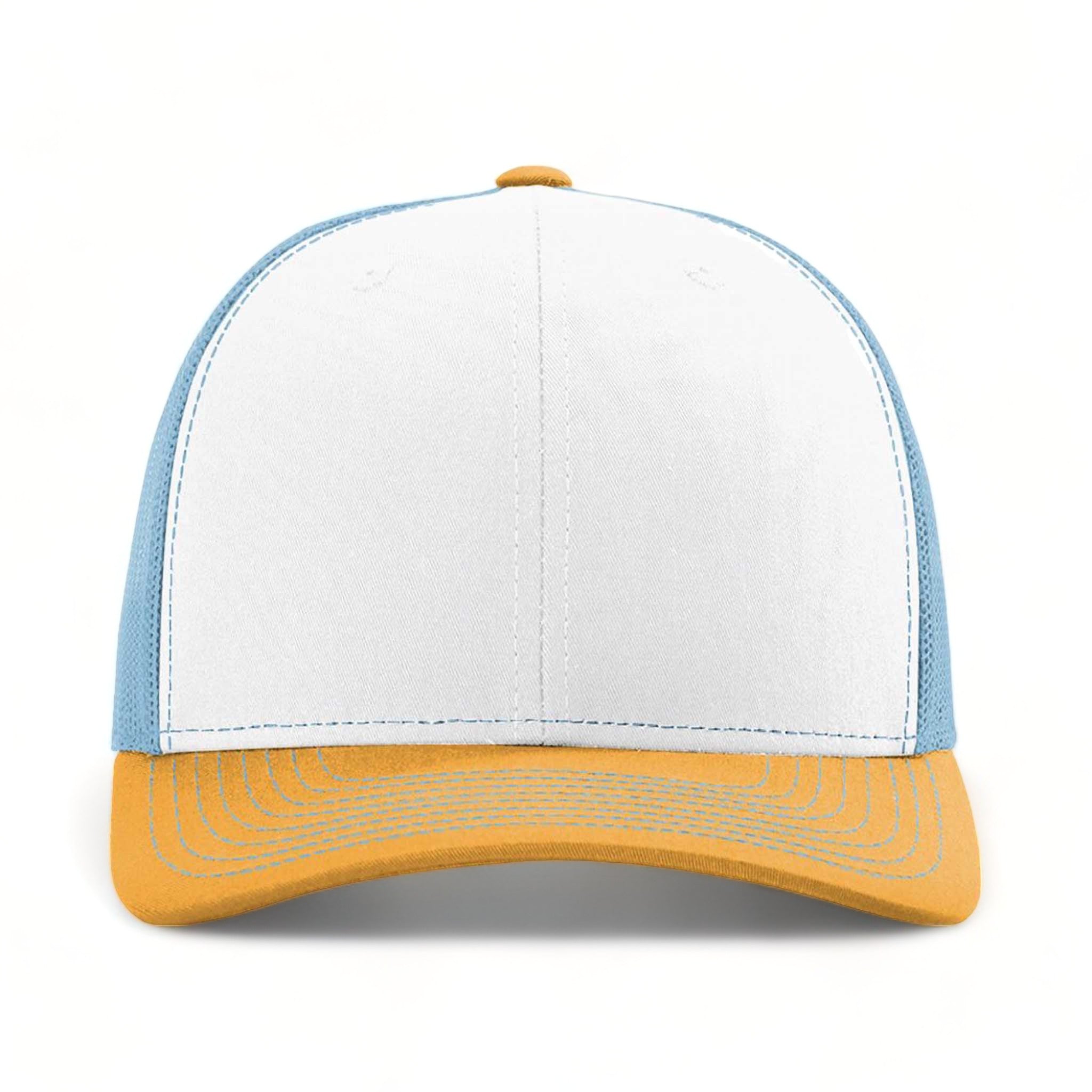 Front view of Richardson 112 custom hat in white, columbia blue and yellow