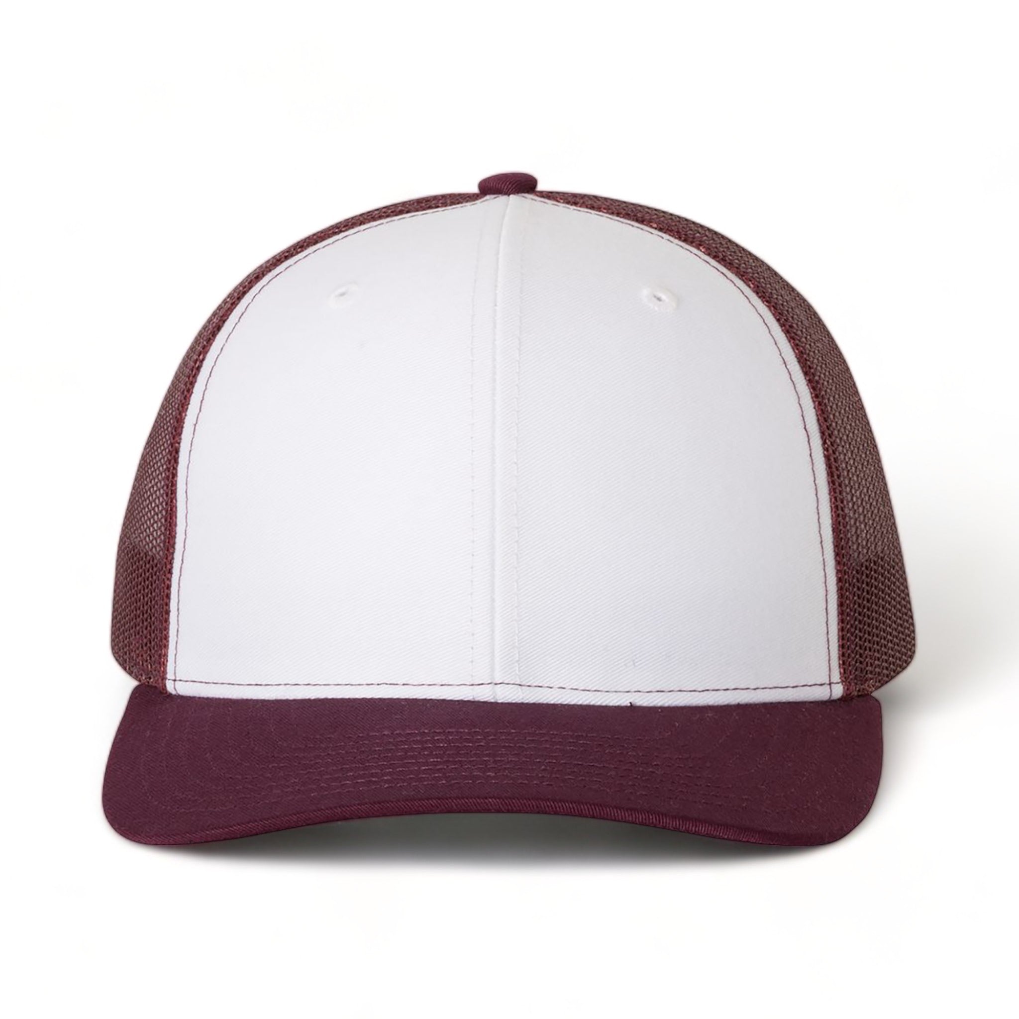 Front view of Richardson 112 custom hat in white and maroon