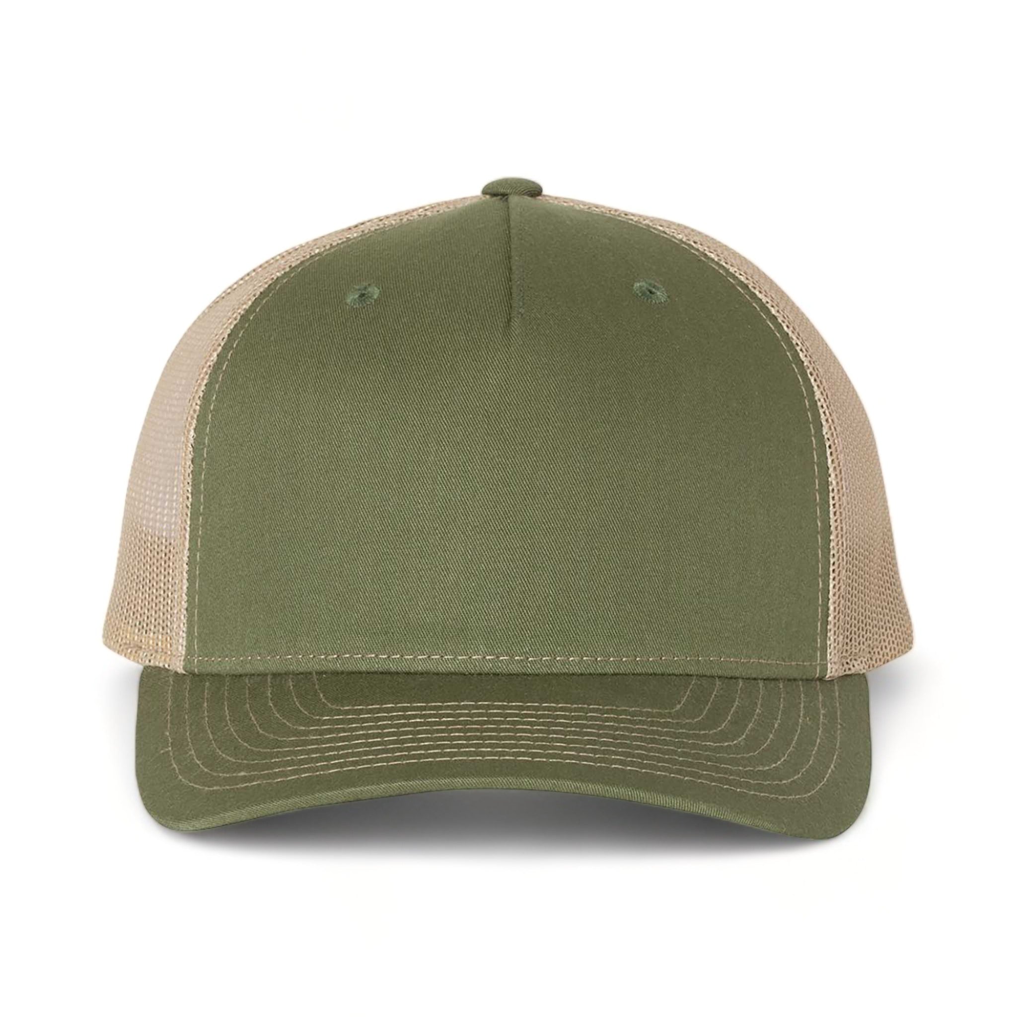 Front view of Richardson 112FP custom hat in army olive green and tan