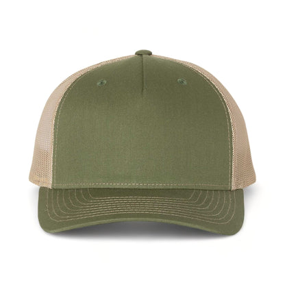 Front view of Richardson 112FP custom hat in army olive green and tan