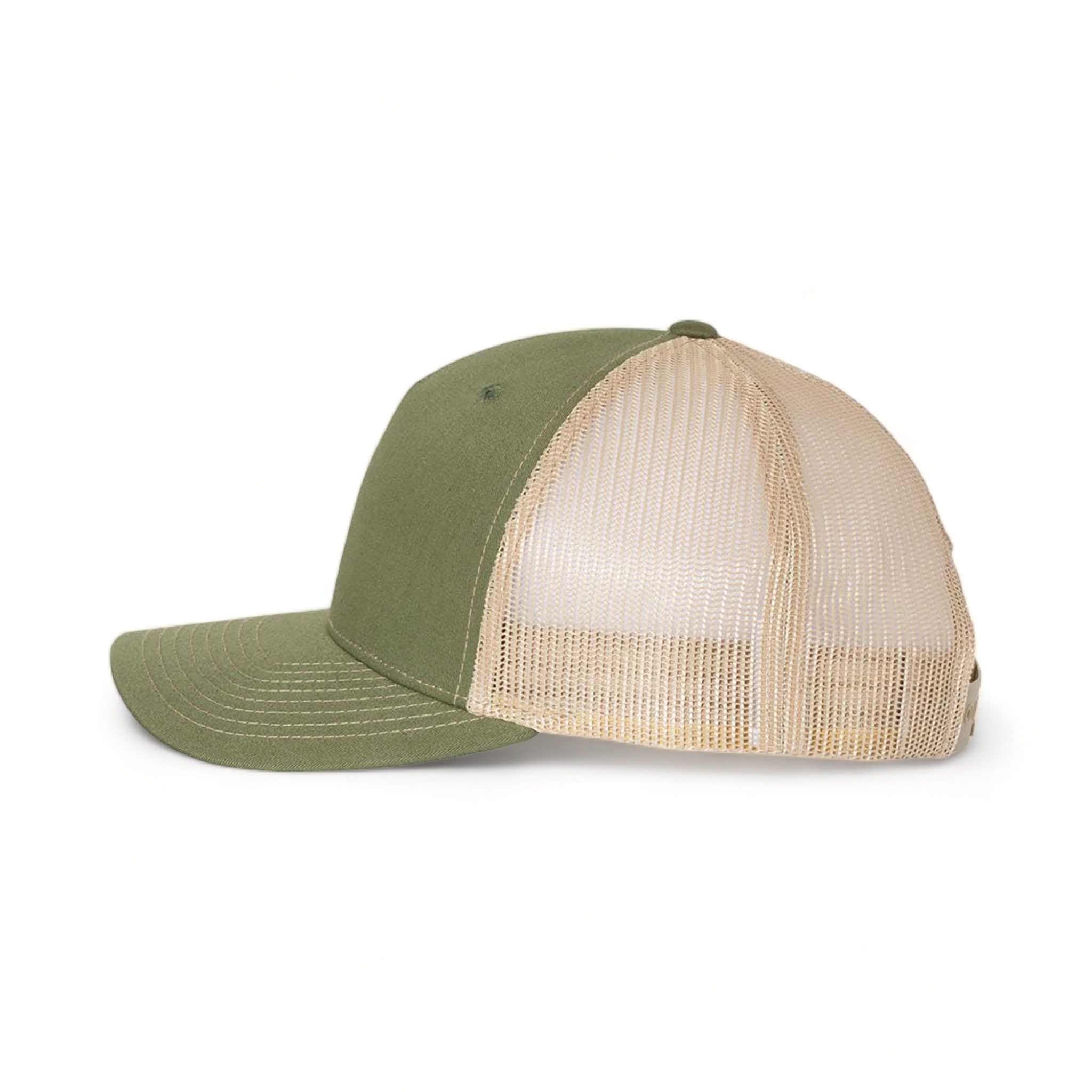 Side view of Richardson 112FP custom hat in army olive green and tan