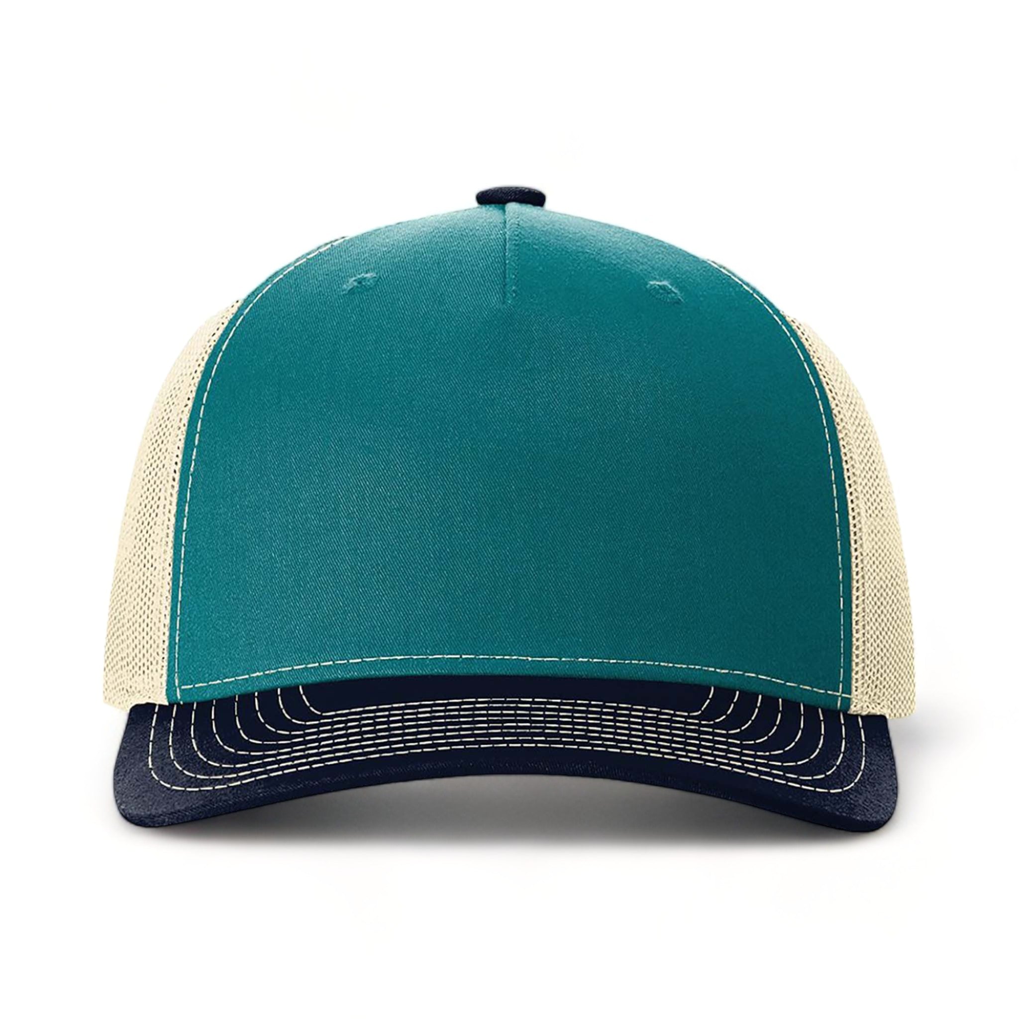 Front view of Richardson 112FP custom hat in blue teal, birch and navy
