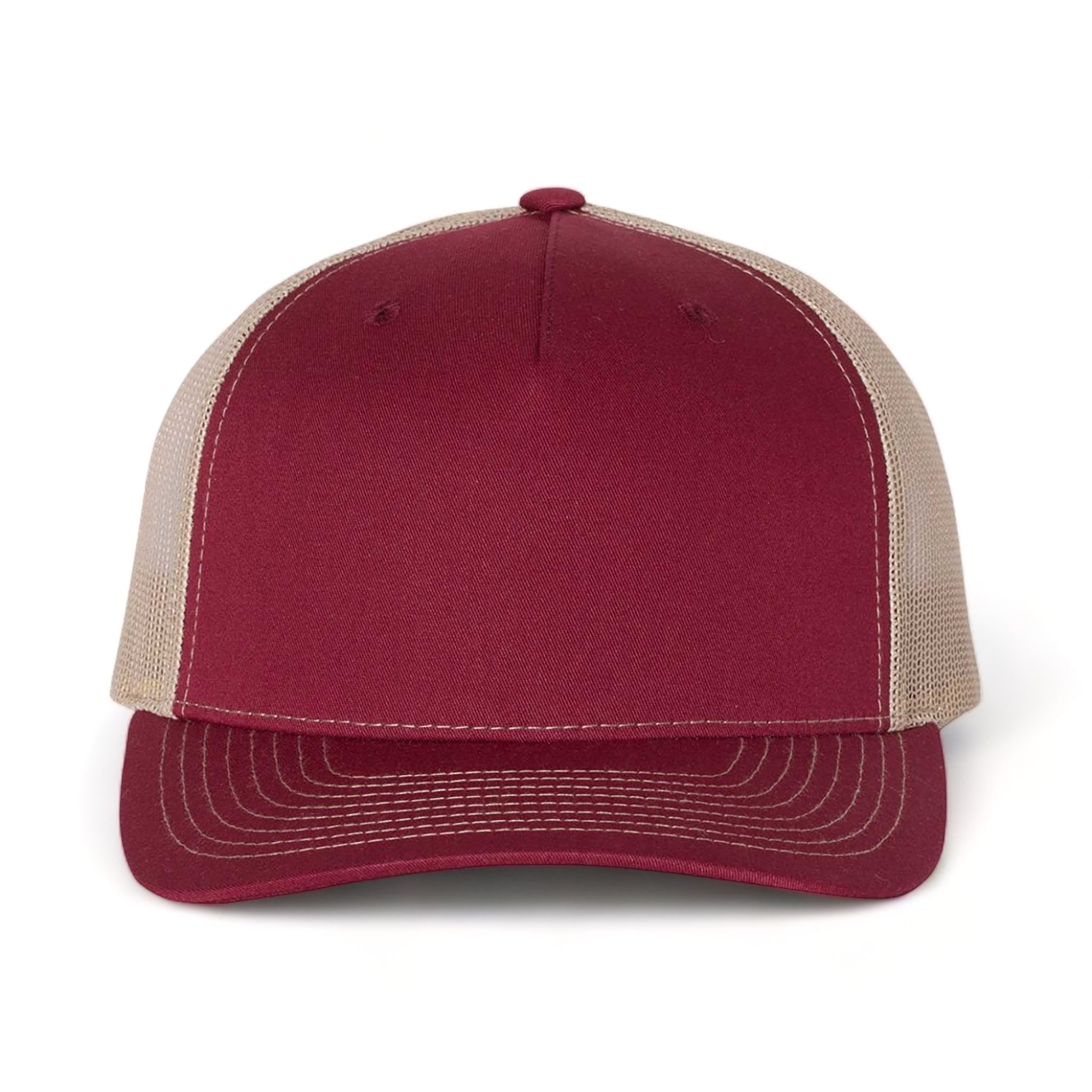 Front view of Richardson 112FP custom hat in cardinal and tan
