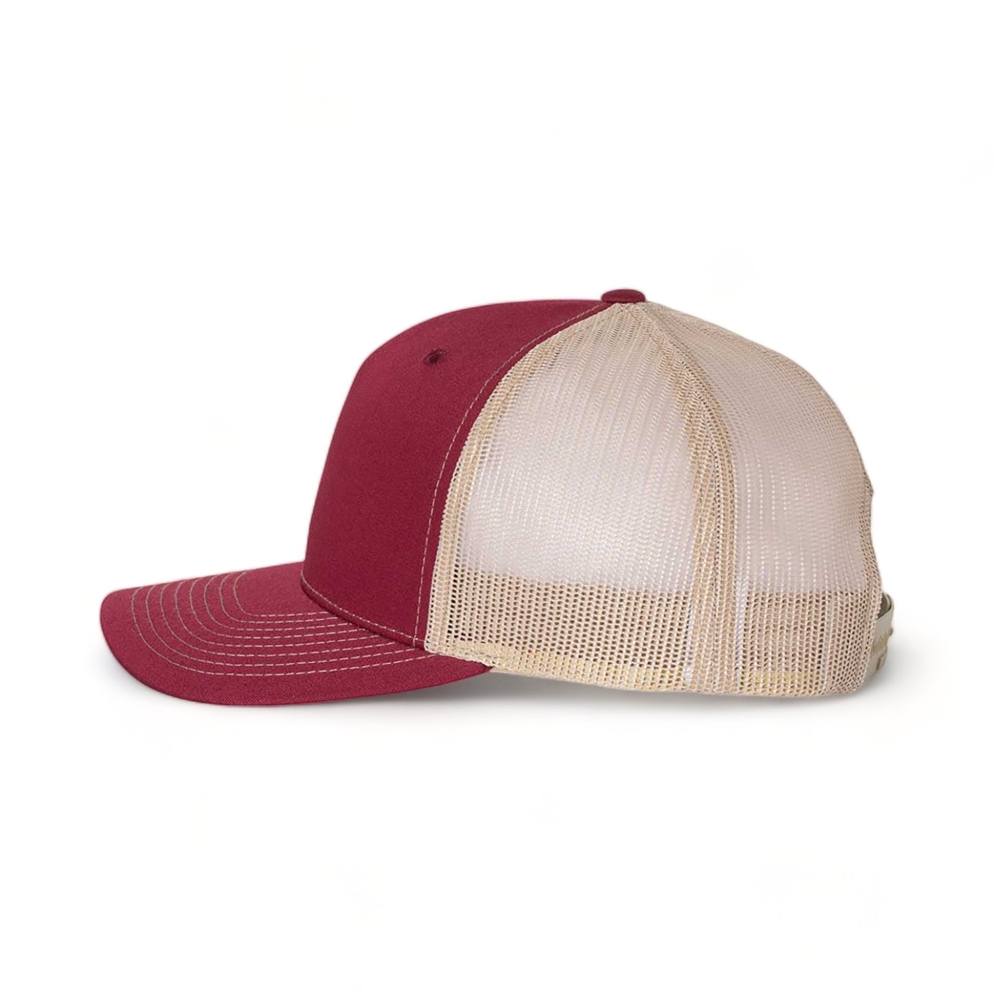 Side view of Richardson 112FP custom hat in cardinal and tan