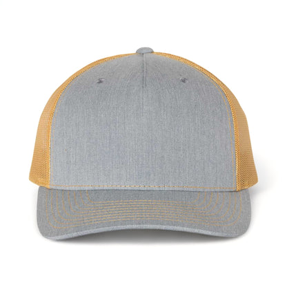 Front view of Richardson 112FP custom hat in heather grey and amber gold