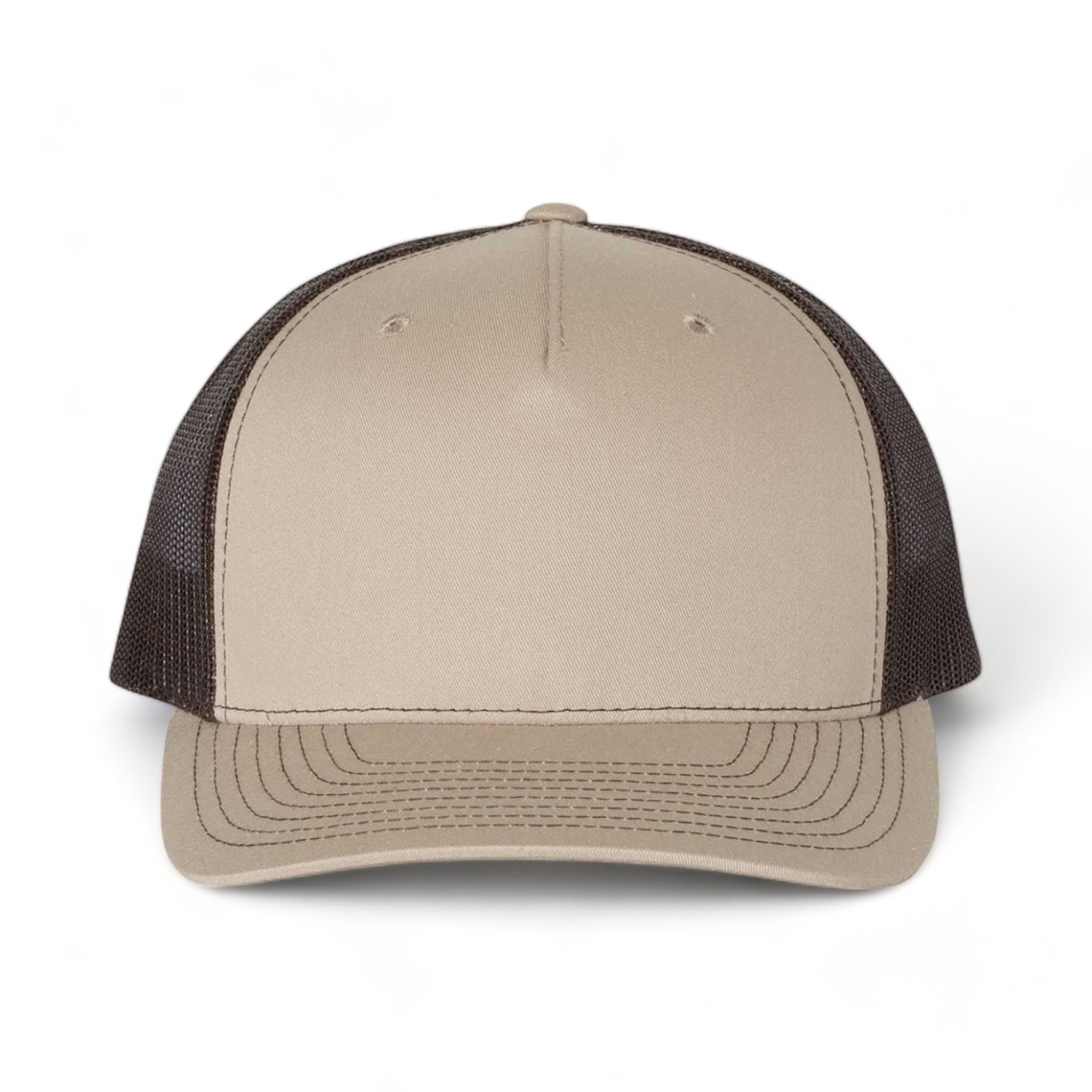 Front view of Richardson 112FP custom hat in khaki and coffee