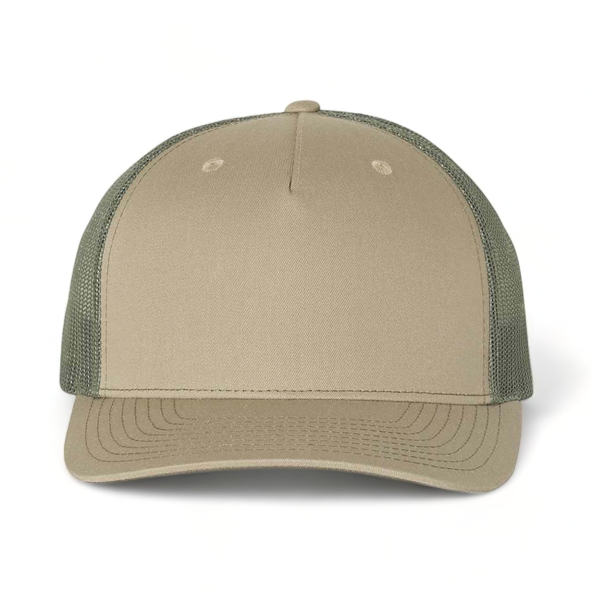 Front view of Richardson 112FP custom hat in pale khaki and loden green